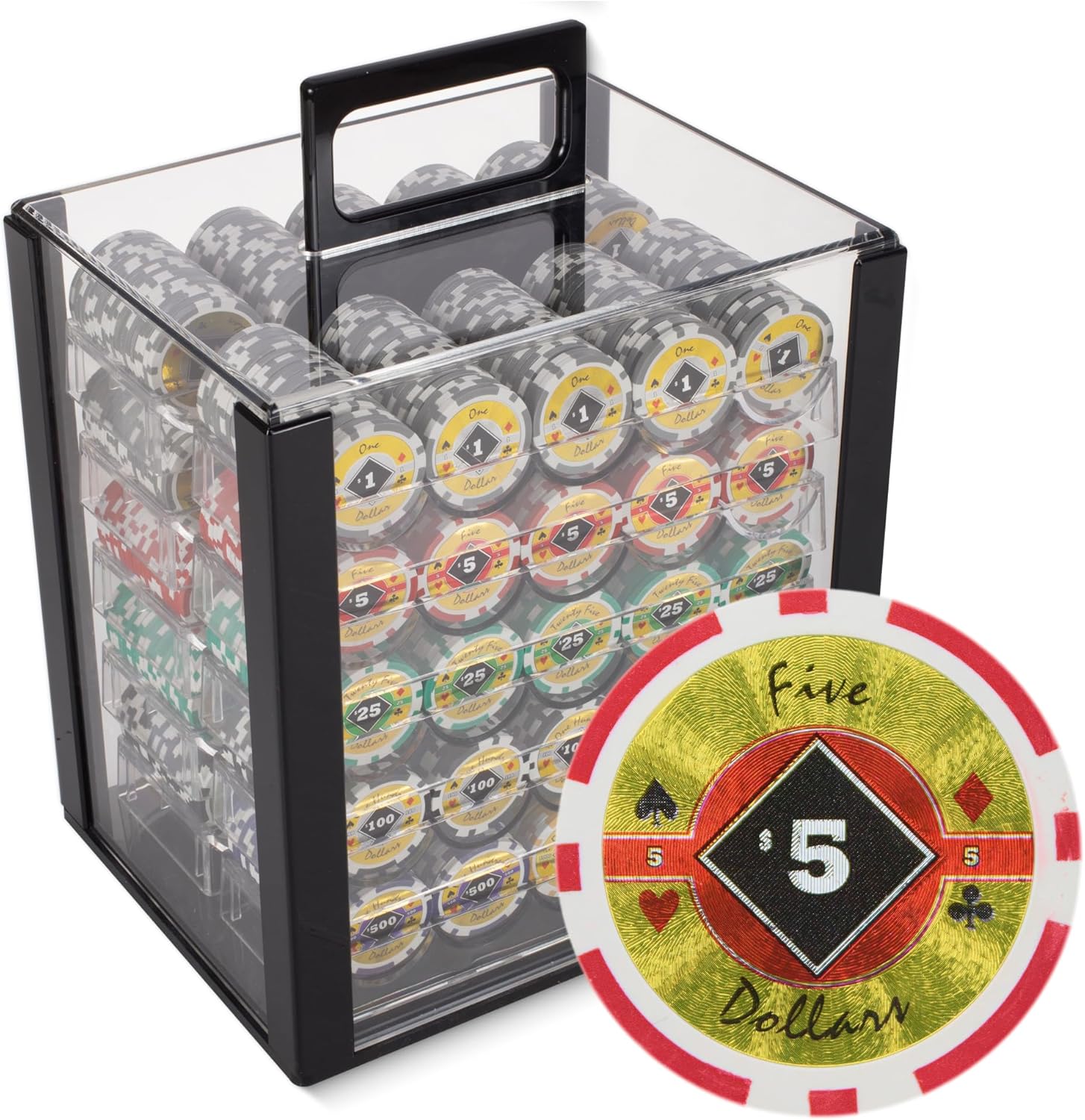 1000-piece Acrylic Black Diamond Poker Chip Case - 14-gram Heavy Clay Composite Set - Casino Chips for Texas Holdem, Blackjack - Betting Game Accessories