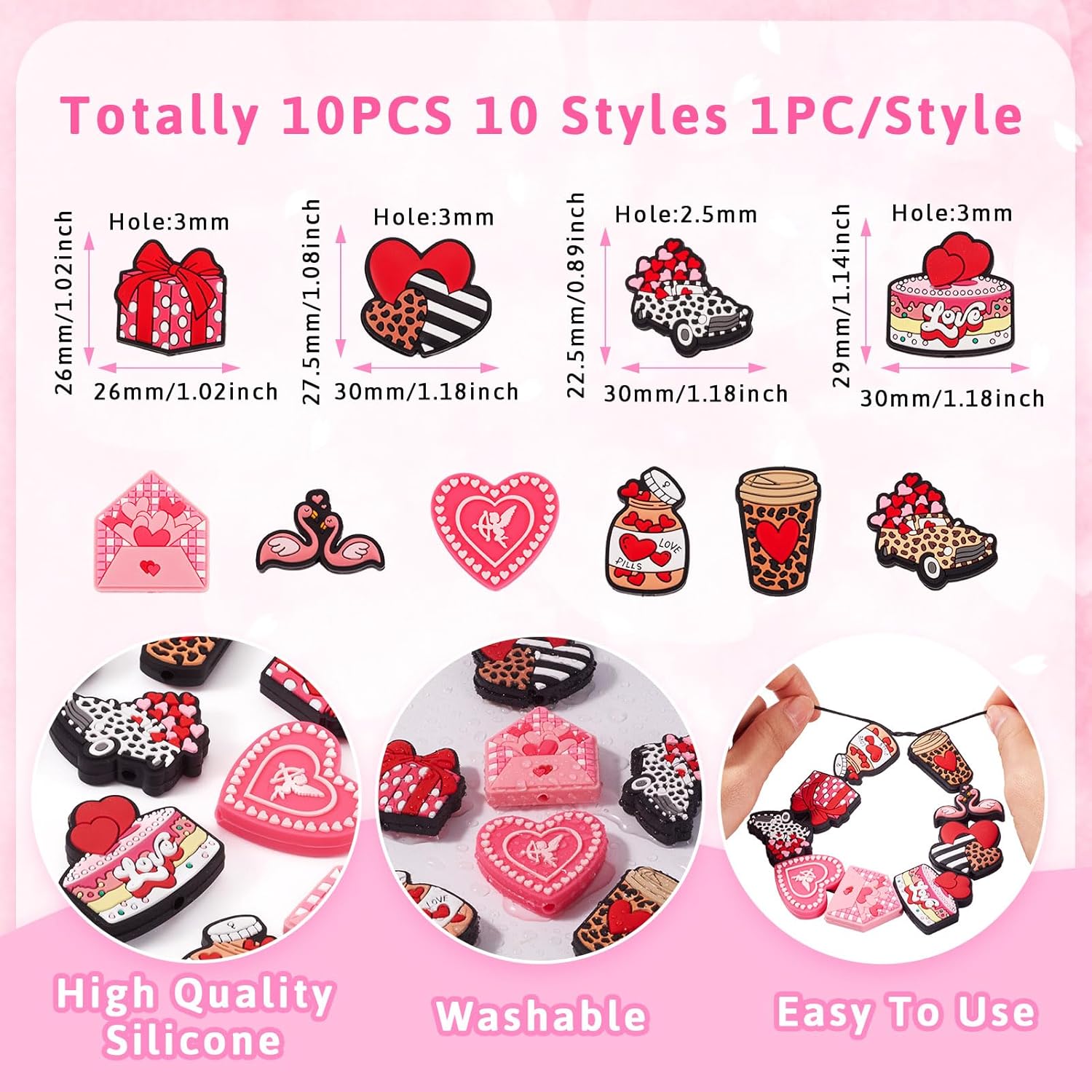 Spritewelry 10Pcs Valentine's Day Silicone Focal Beads Sweet Heart with Cupid Swan Silicone Beads Leopard Print Rubber Beads Beaded Pen Beads for Keychain Jewelry Making DIY Craft 10 Styles - Image 4
