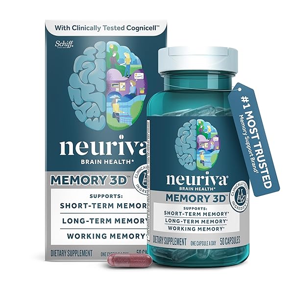 NEURIVA Memory 3D Brain Supplement - Decaffeinated Nootropic Capsules for Memory, Focus, & Cognitive Function - Short Term, Long Term, & Working Memory Support - 50ct