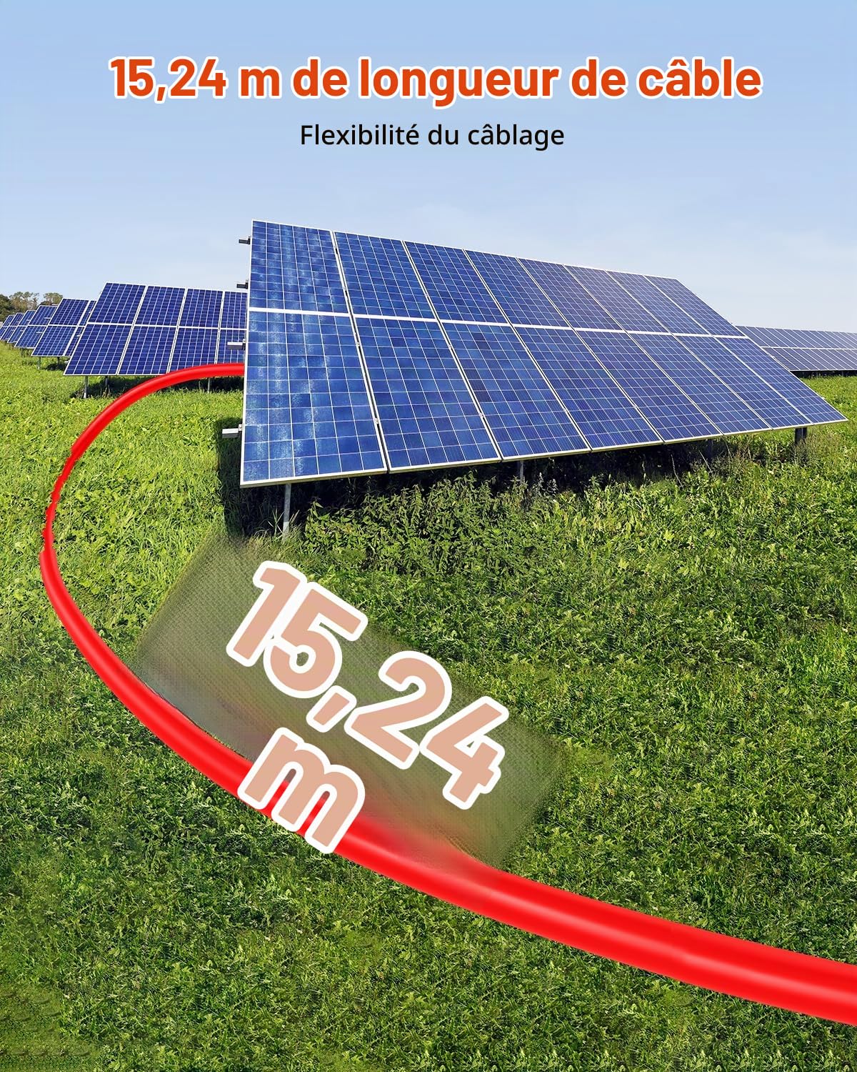 VEVOR Câble d'Extension de Panneau Solaire, 15,24 m, 10 AWG, avec Connecteurs Femelles et Mâles, CC 1500 V, Étanche IP67, pour Panneaux Solaires Domestiques, de Bateaux, Camping-cars, Toits, Lot de 2