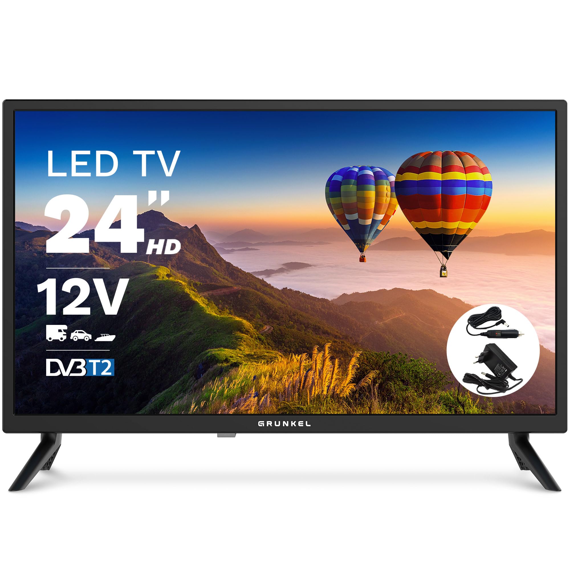 Grunkel - Televisor LED de 24 Pulgadas HD con Adaptador a 12V para Camper y Caravanas - LED-24 IV2 - Ready Alta definición con TDT Alta definición T2 - Modo Hotel con 3 HDMI y 2 USB - Negro