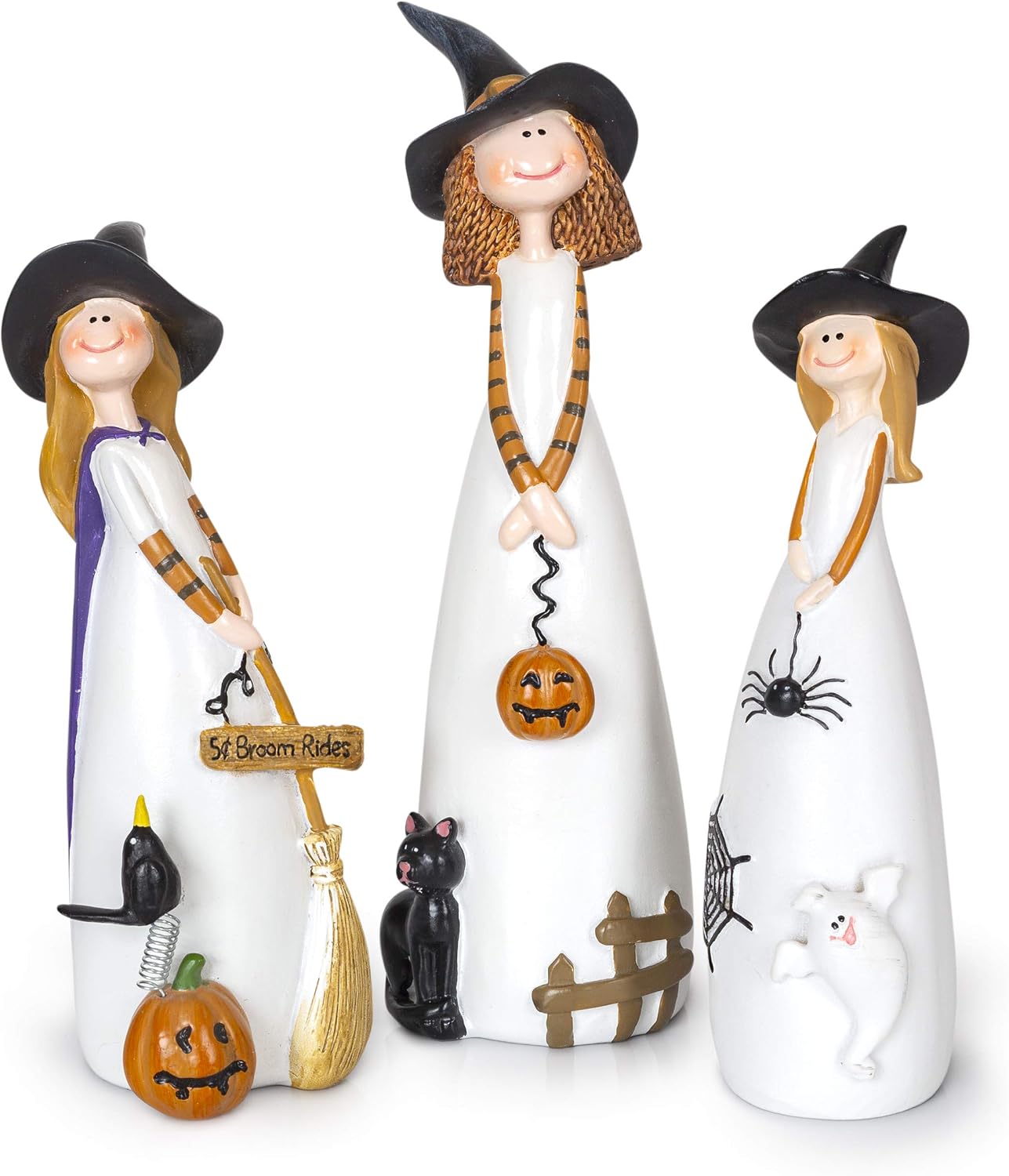 Besti Halloween Witch Decorations, 3 Piece Set, Cute Home and Party Holiday Decor and Fall Accents, Classic Witches Hats, Cat, Ghost, Crow, and Pumpkins, Ceramic Figurines
