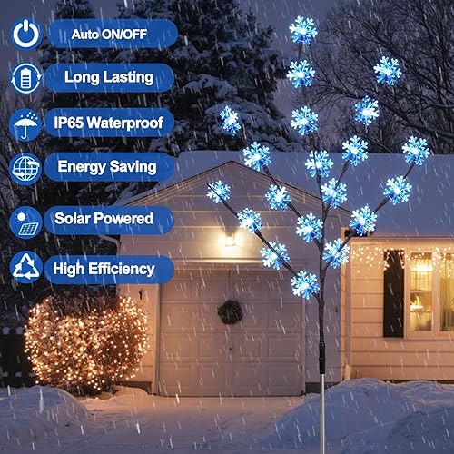 Miniatura 2 de Aovciust Decoraciones de Navidad al aire libre, 4 juegos de luces solares para árbol de Navidad con 80 luces de copo de nieve C6, adecuadas para