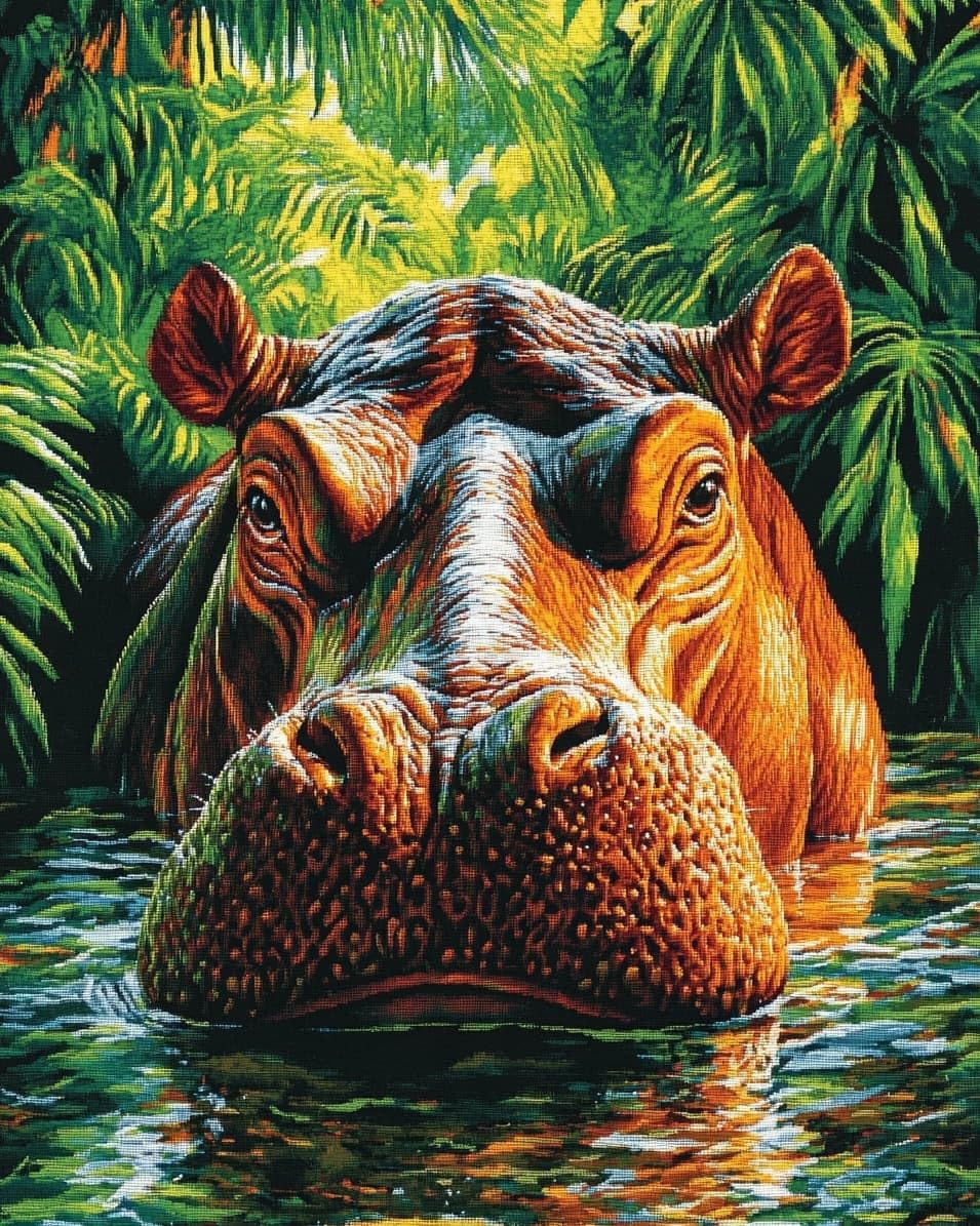 WallustrioaW Printed Cross Stitch Embroidery Patterns,Animal Hippo,DIY 11CT Cross Stitch Embroidery Kits Craft Hobby Gift for Adults,40x50cm