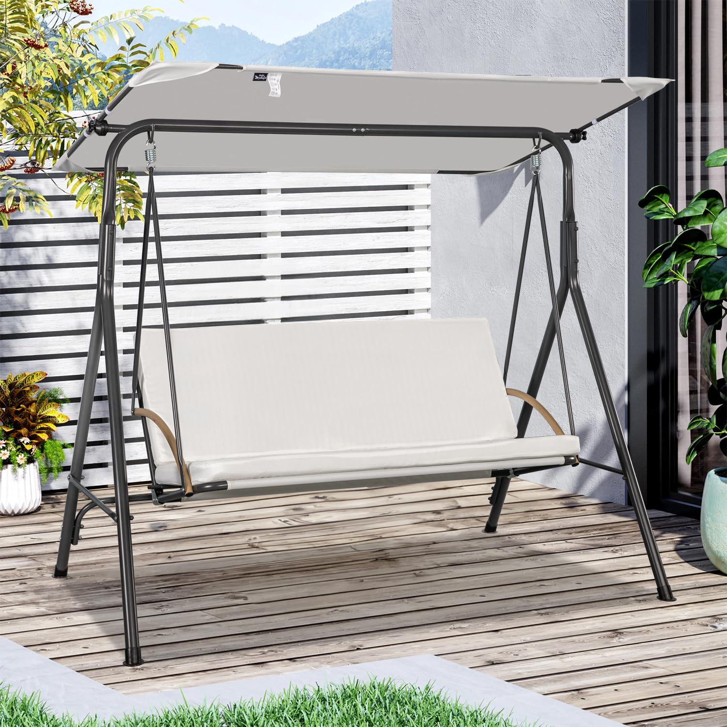 Angel Living Balancelle de Jardin 3 Places avec Auvent, Coussin Épais et Structure en Acier, Tissu Oxford, pour Terrasse, Patio, 170x110x152cm, Blance