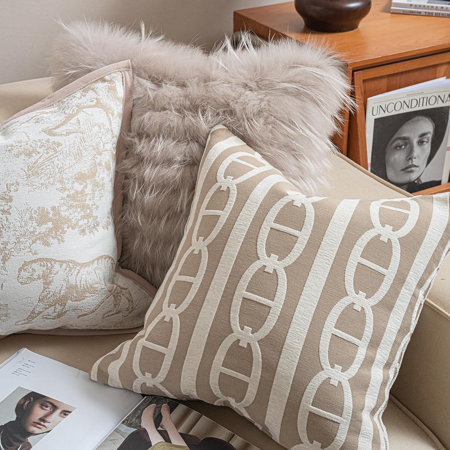 Croker Horse New 20x20'' inches Throw Pillow Cushion Covers - Pignose Horseshoe Beige Color Chenille Jacquard Embroidery Luxury Modern Style Couch Sofa Bed Pillow Cover for Living Room Bedroom