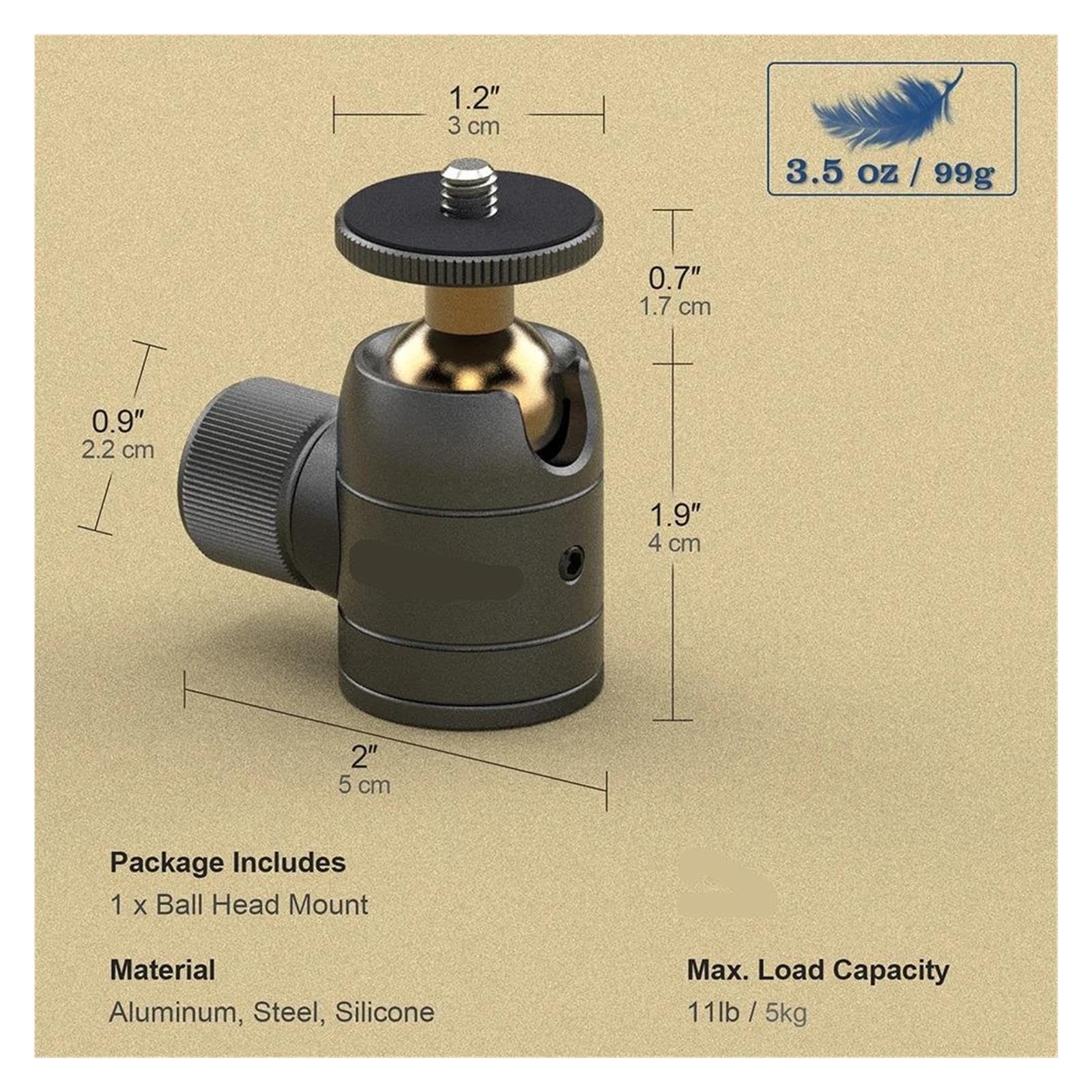 Mini testa a sfera for fotocamera ruotabile a 360° da 1/4".