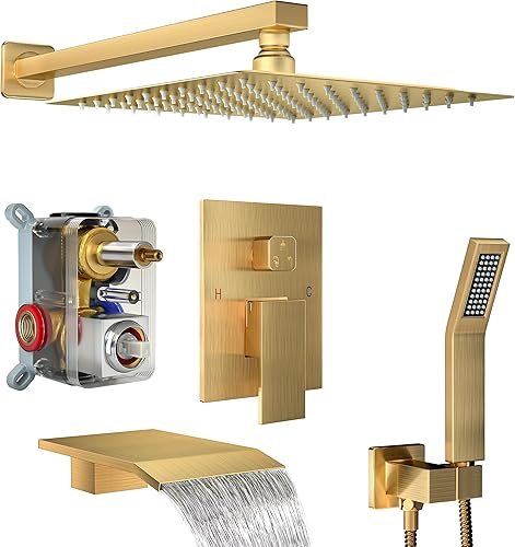 Fatspas Sistema de ducha con boquilla de tina, juego de grifo de ducha dorado cepillado de 12 pulgadas con lluvia de mano, juego combinado de ducha