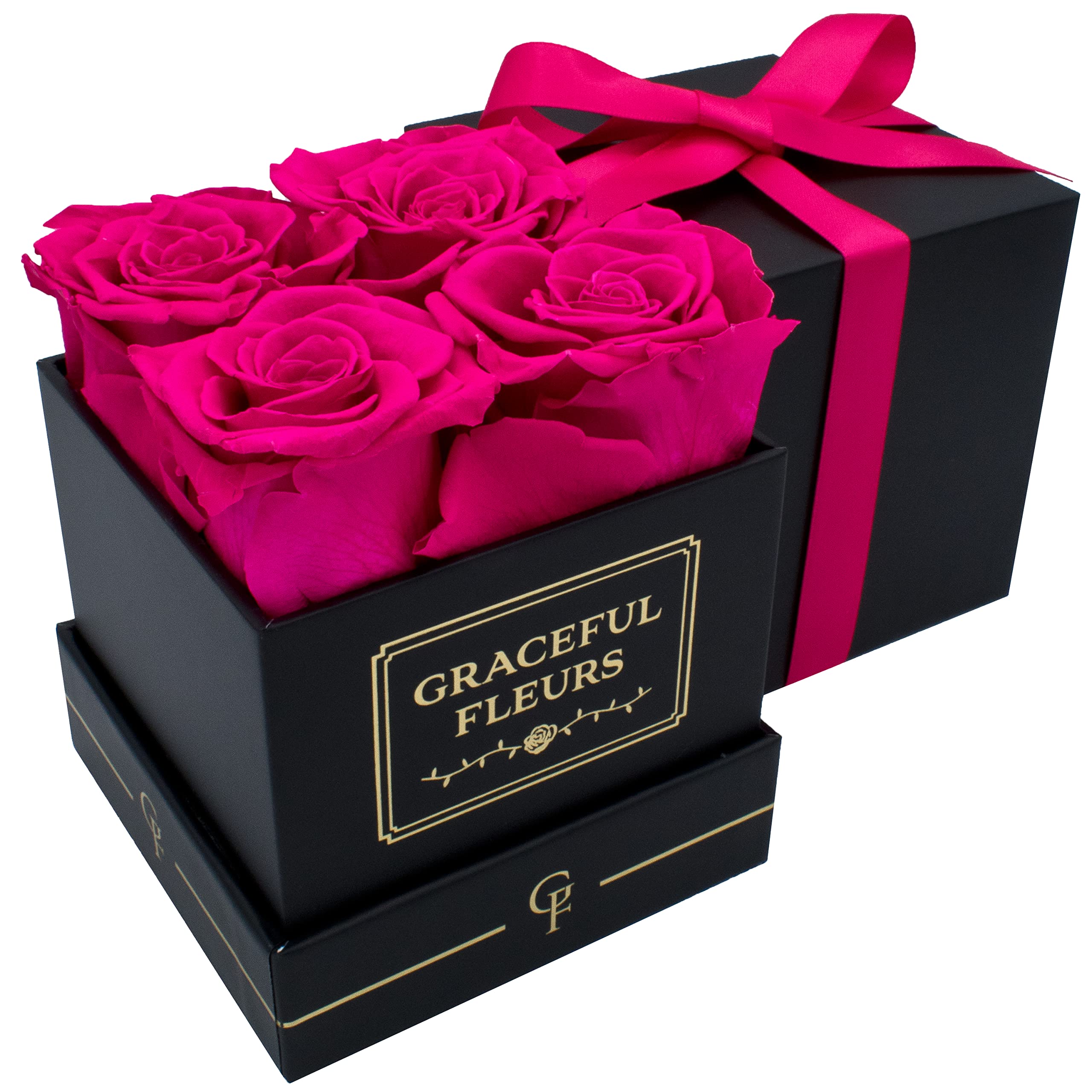 Graceful Fleurs | Real Roses That Lasts for Years | Preserved Fresh Flowers for Delivery Birthday | Forever Roses in a Box | Valentines Day Gifts for Her (Radiant Pink, Black Box, 4 Roses)