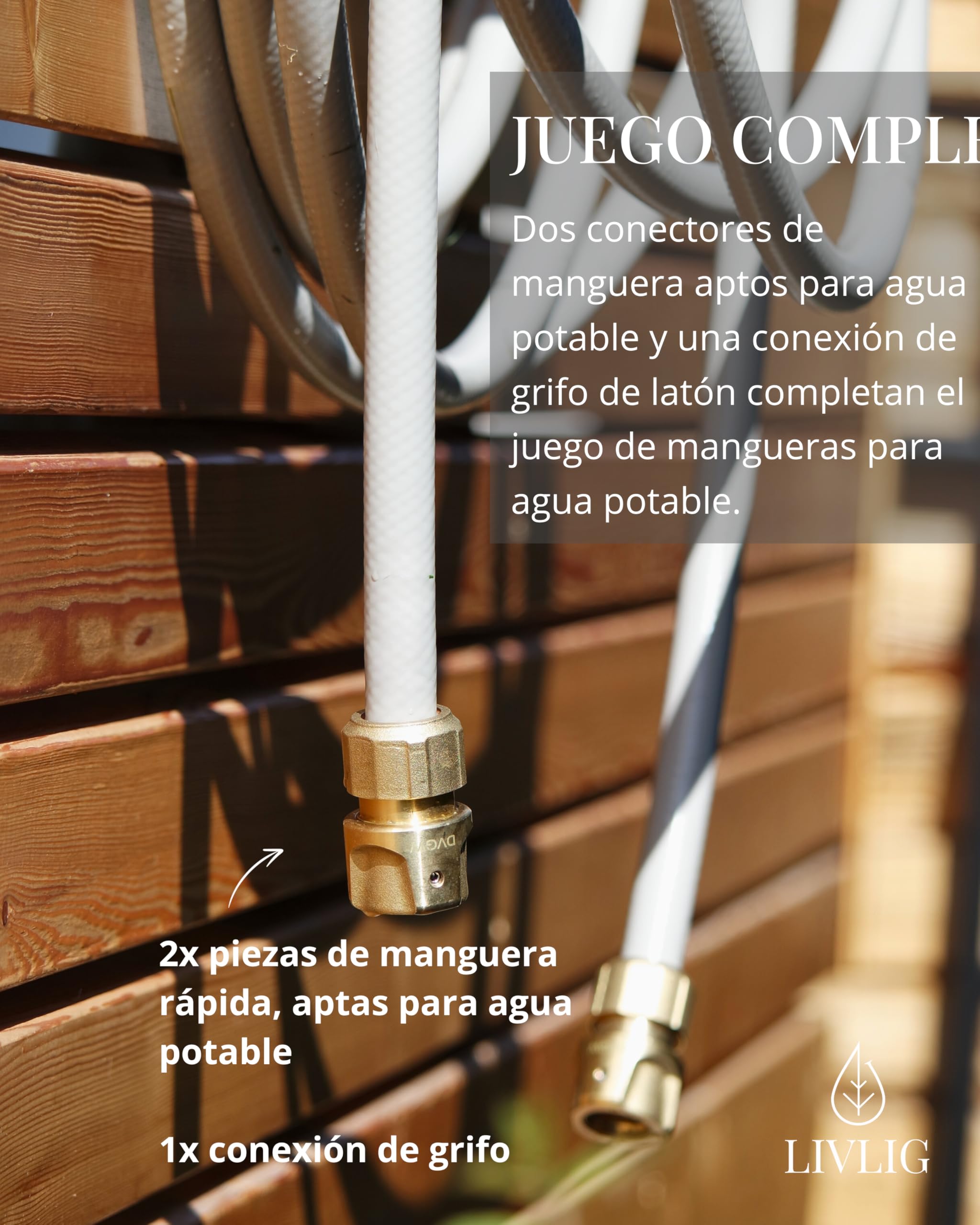 Livlig53 LIVLIG Manguera de Agua 10 m 1/2 Pulgada con racores, Manguera de Agua Dulce para Camping, Cocina Exterior o llenado de Piscinas, Manguera para Uso en el Sector del Agua Potable, Greige