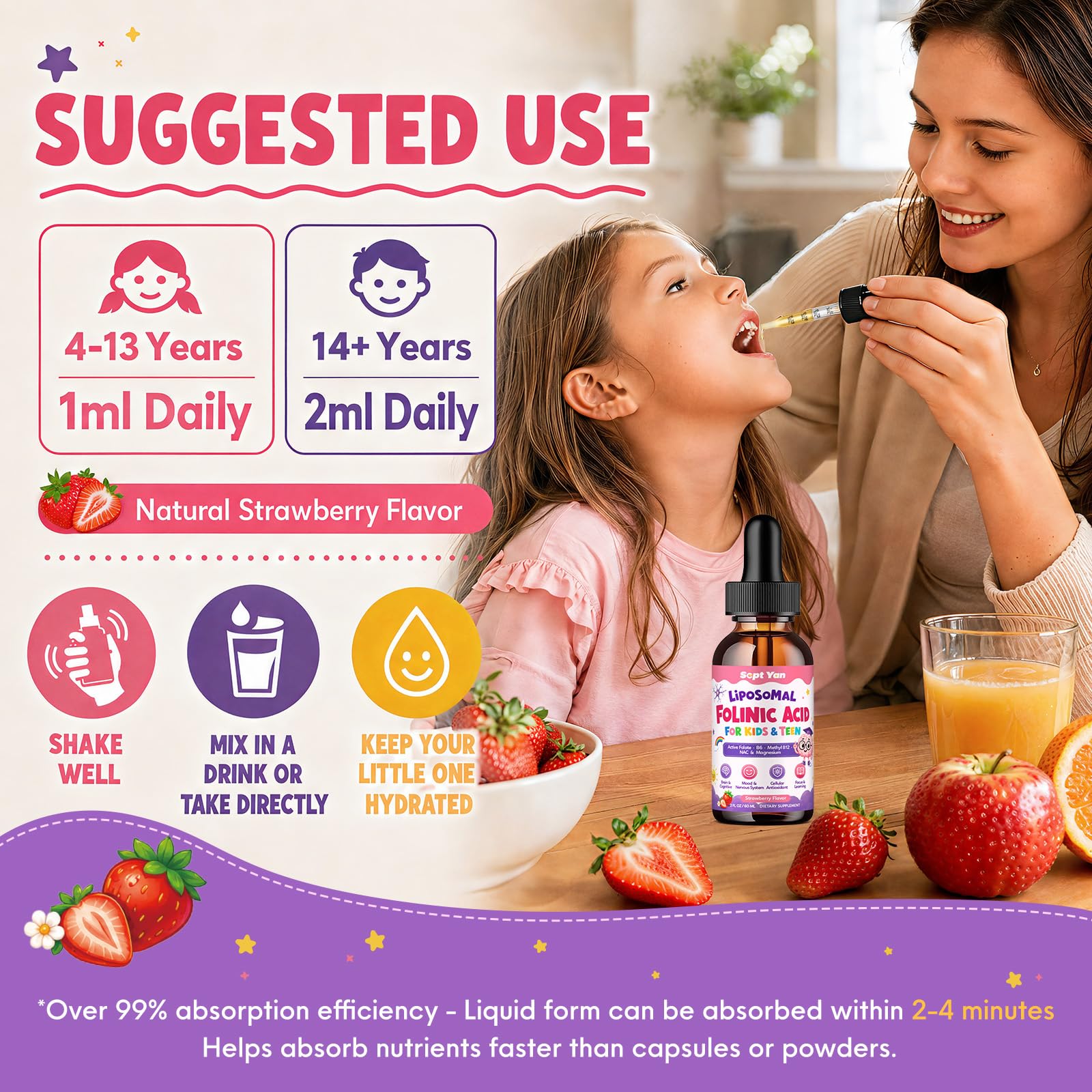 Folinic Acid for Kids, Active Folate Drops with Methylcobalamin B12, P5P B6, DHA, Choline & Magnesium, Kids Folinic Acid Supplement for Mood, Focus, Brain &Energy,GMP,Vegan,Strawberry Flavor, 2 Oz — Amazon image 8