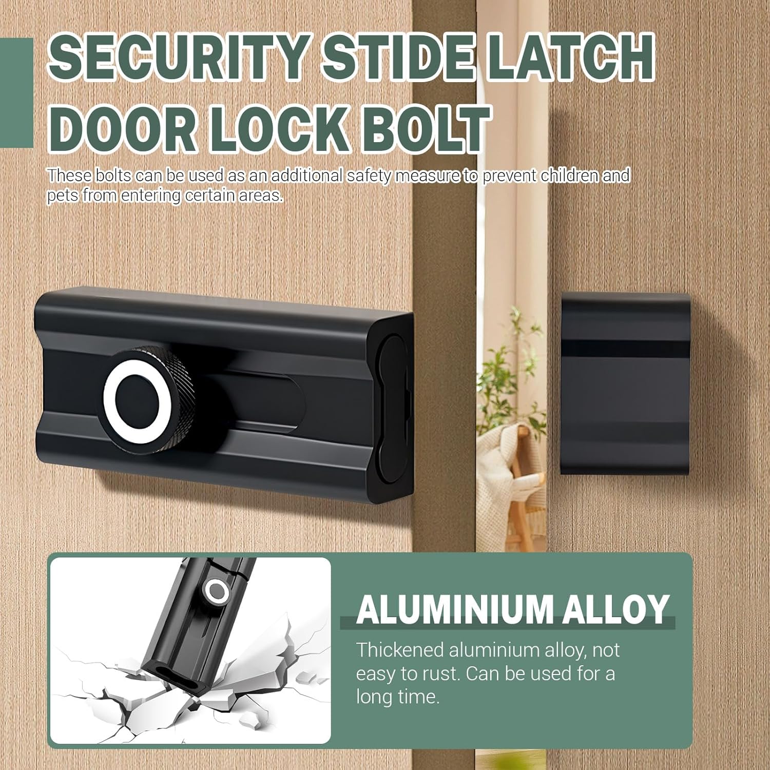 2PCS Aluminum Alloy Latch Lock, Black Slide Bolt Gate Latch, Inside Door Lock, Bedroom Lock, Door Latches for Top of Door, Door Security Devices (3.1''*1.4'')