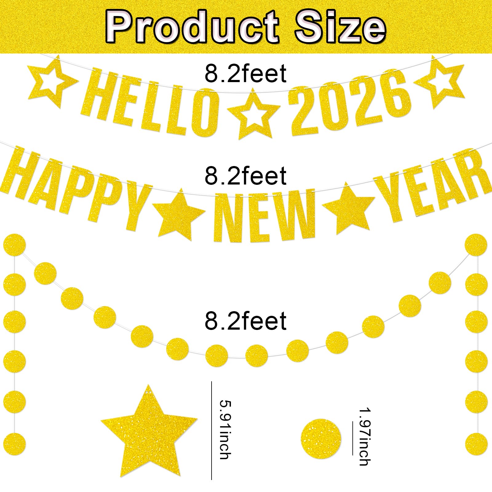 3 Pcs Hello 2026 Happy New Year Banner, Gold Glitter Happy New Year Decorations 2026 with Circle Garland - Image 2