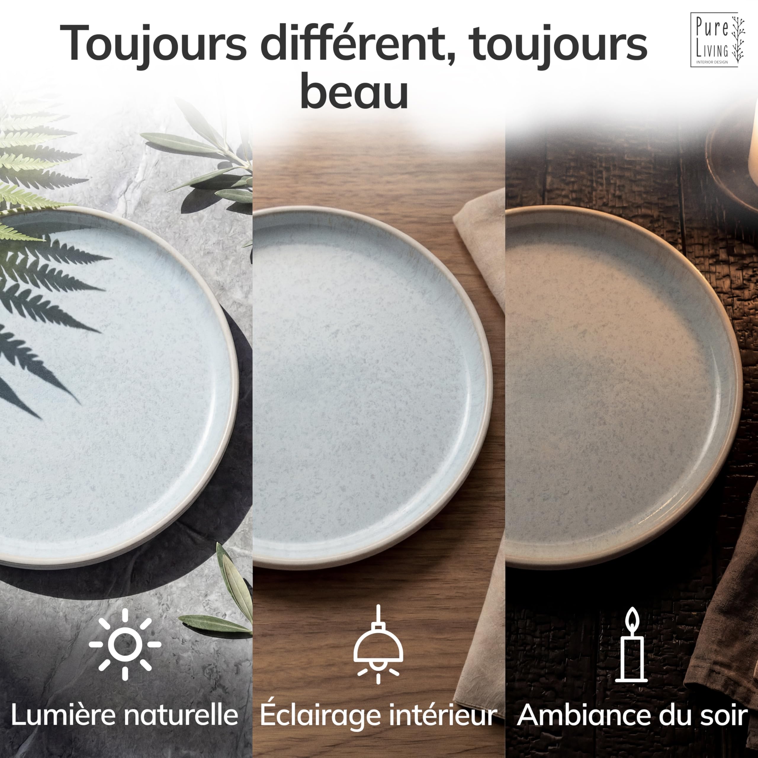Service de Table Ibiza 24 Pièces: Vaisselle en Grès pour 6 Personnes, Adapté au Lave-Vaisselle et au Micro-Ondes, Pure Living Beige-Bleu