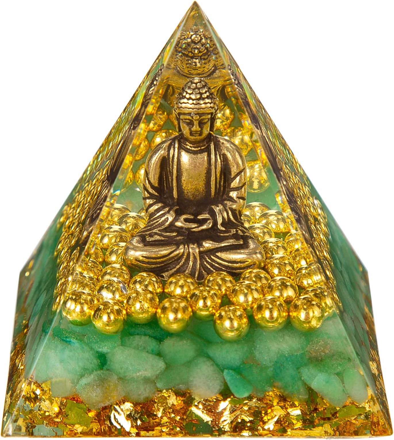 FENGSHUI-CAISHENLittle Buddha Statue in Healing Crystal Organite Pyramid - Green Aventurine with Baby Buddha Figurine, Reiki Chakra Meditation Decor