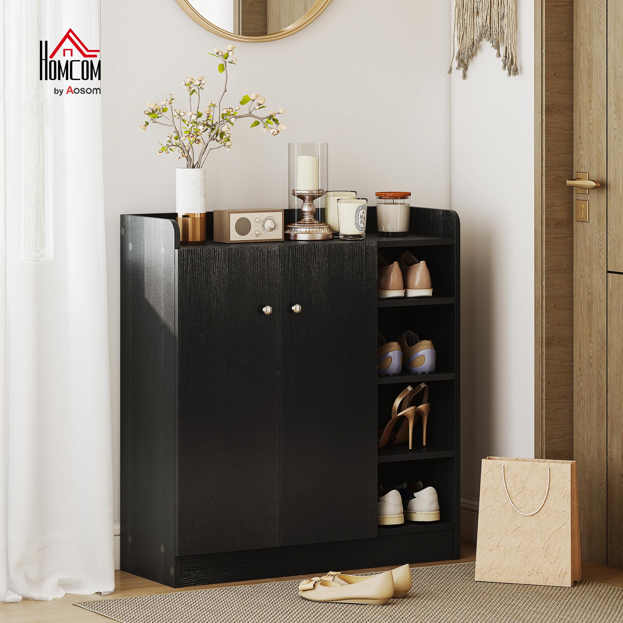 HOMCOM Mueble Zapatero de 2 Puertas Zapatero Estrecho con Estantes Ajustables para 12 Pares de Zapatos para Pasillo Entrada 83x30x90 cm Negro