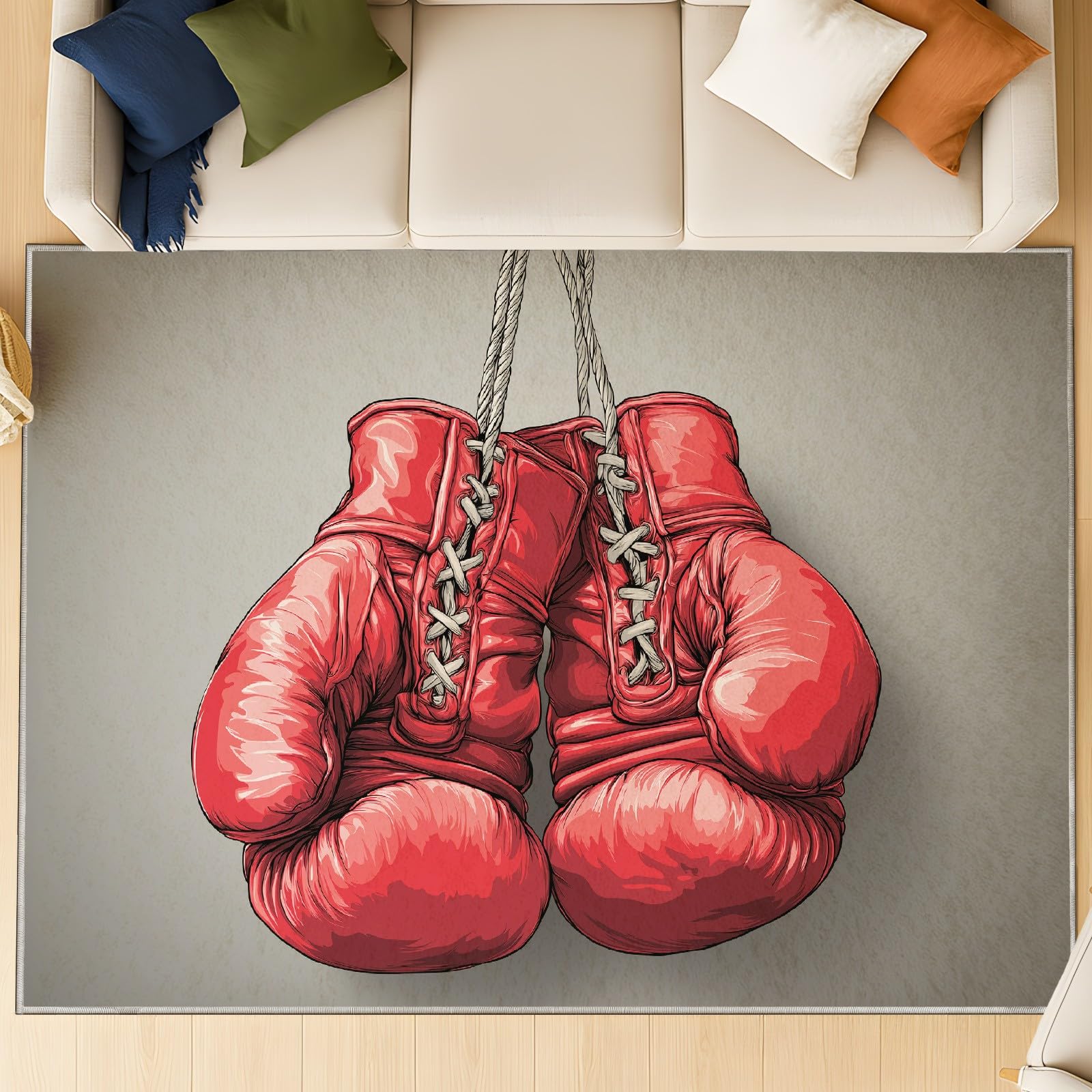 Générique Zmywalny dywan z kreskówek komiksowy dywan sportowy - dywan dekoracja podłogowa do salonu sypialni - idealny pokój zabaw korytarz wycieraczka, 120 x 160 cm czerwone szare rękawice bokserskie