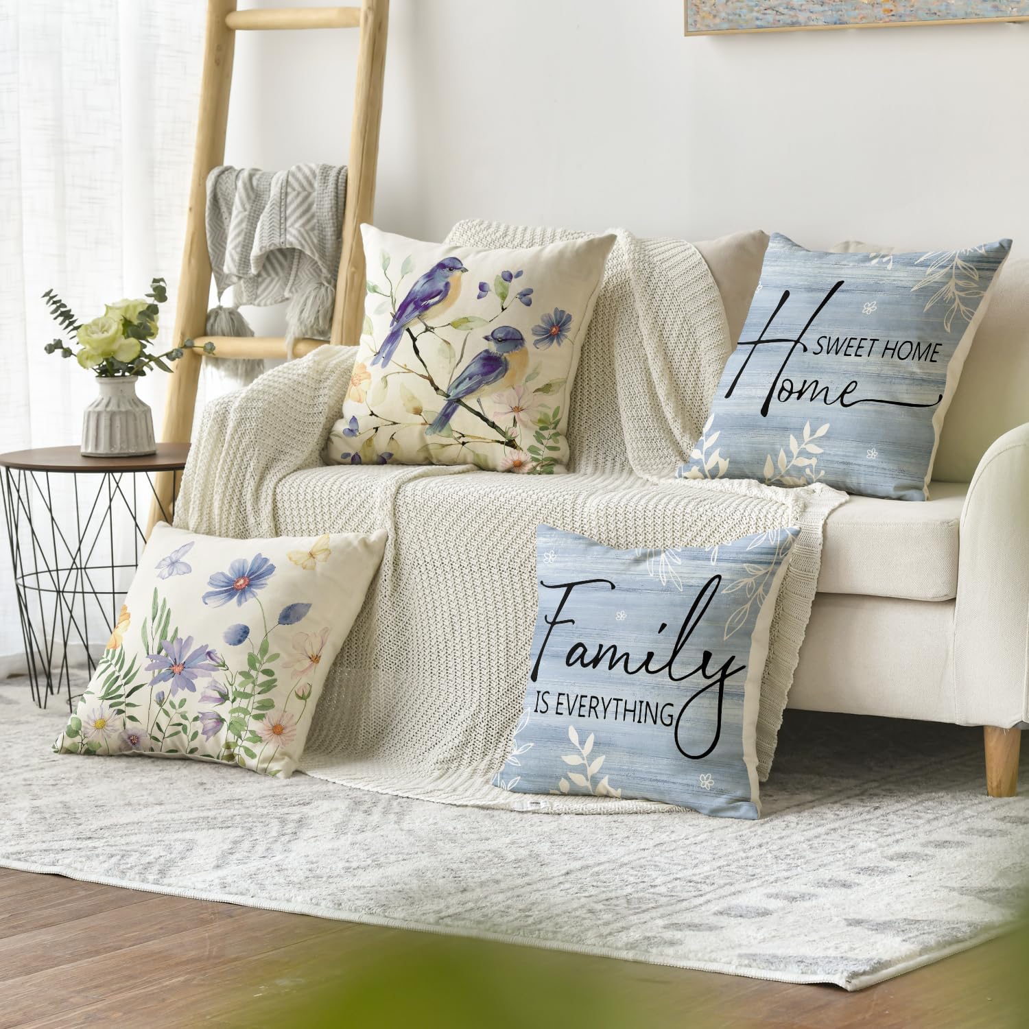 AVOIN colorlife Flowers Butterfly Bird Throw Pillow Covers, 18 x 18 Inch Autumn Family is Everything Cushion Case for Sofa Couch Set of 8