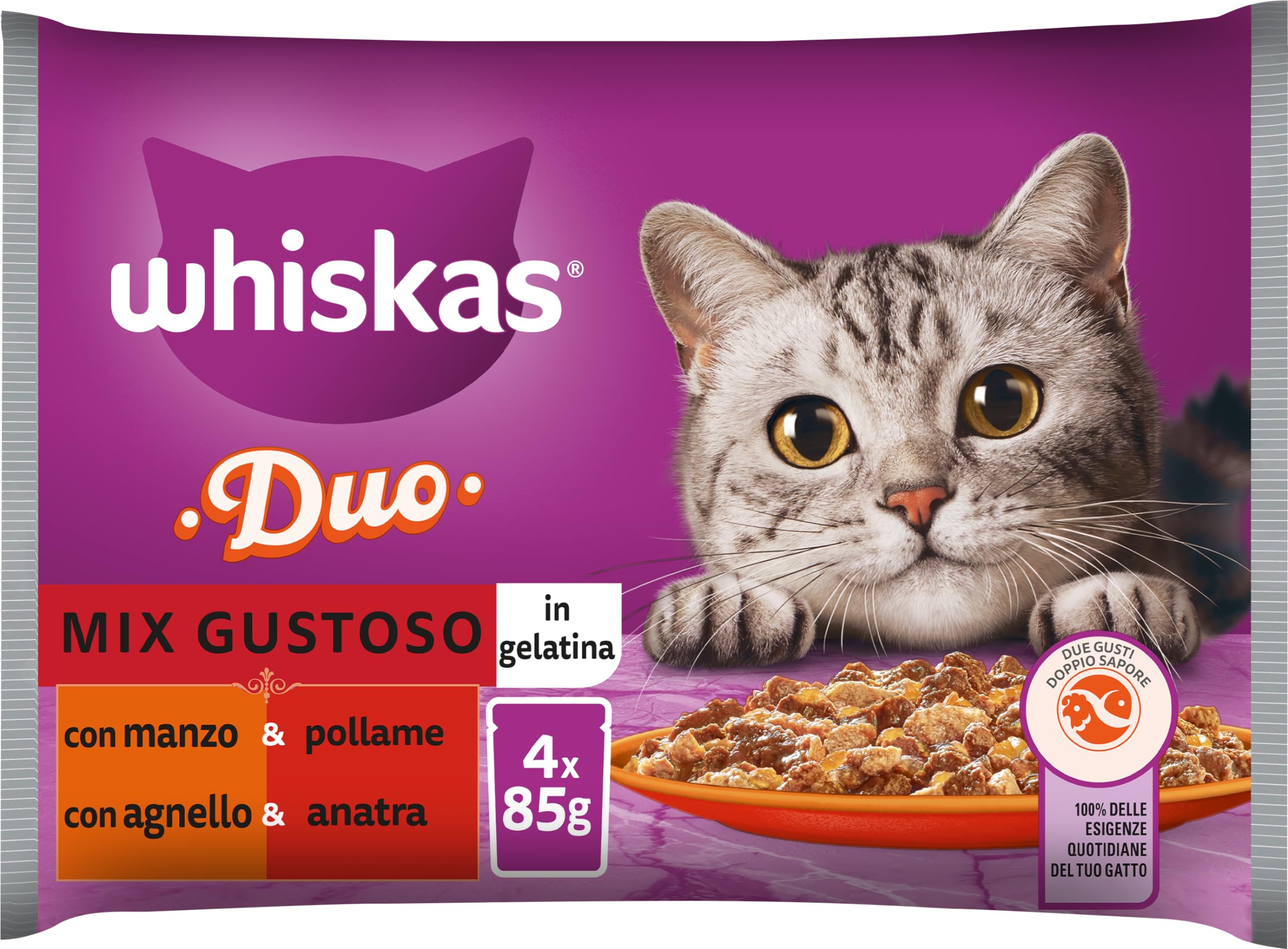 Whiskas Duo Mix smaczne, od 1 lat, mokra karma dla kota, po 13 opakowań, po 4 saszetki po 85 g (łącznie 52 saszetki)