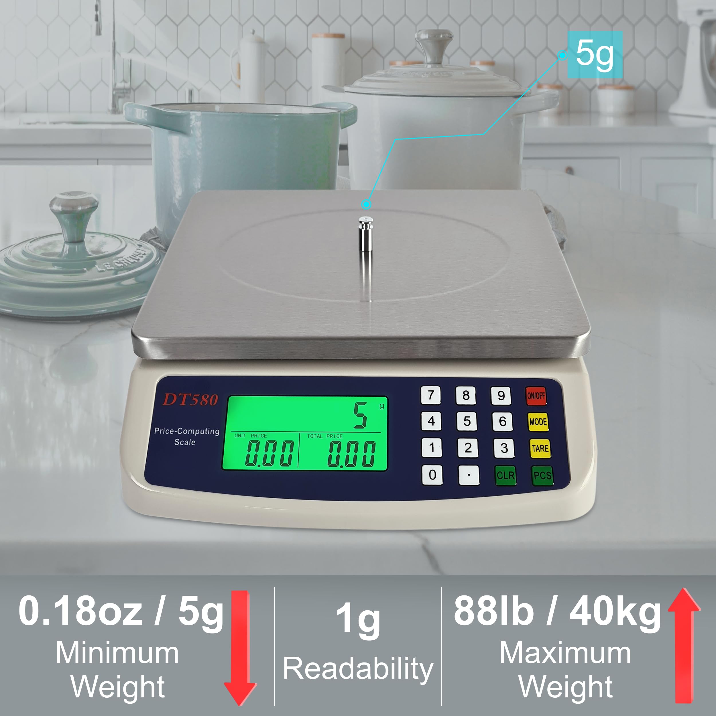 Eosphorus Handelsübliche Lebensmittelwaage, 40 kg, Küchenwaage, Deli-Waage, digitale Fleischwaage, Preis-Computing, Lebensmittelmarkt, Restaurant, Wiegen von Pfund, Unzen, Kilogramm, Gramm
