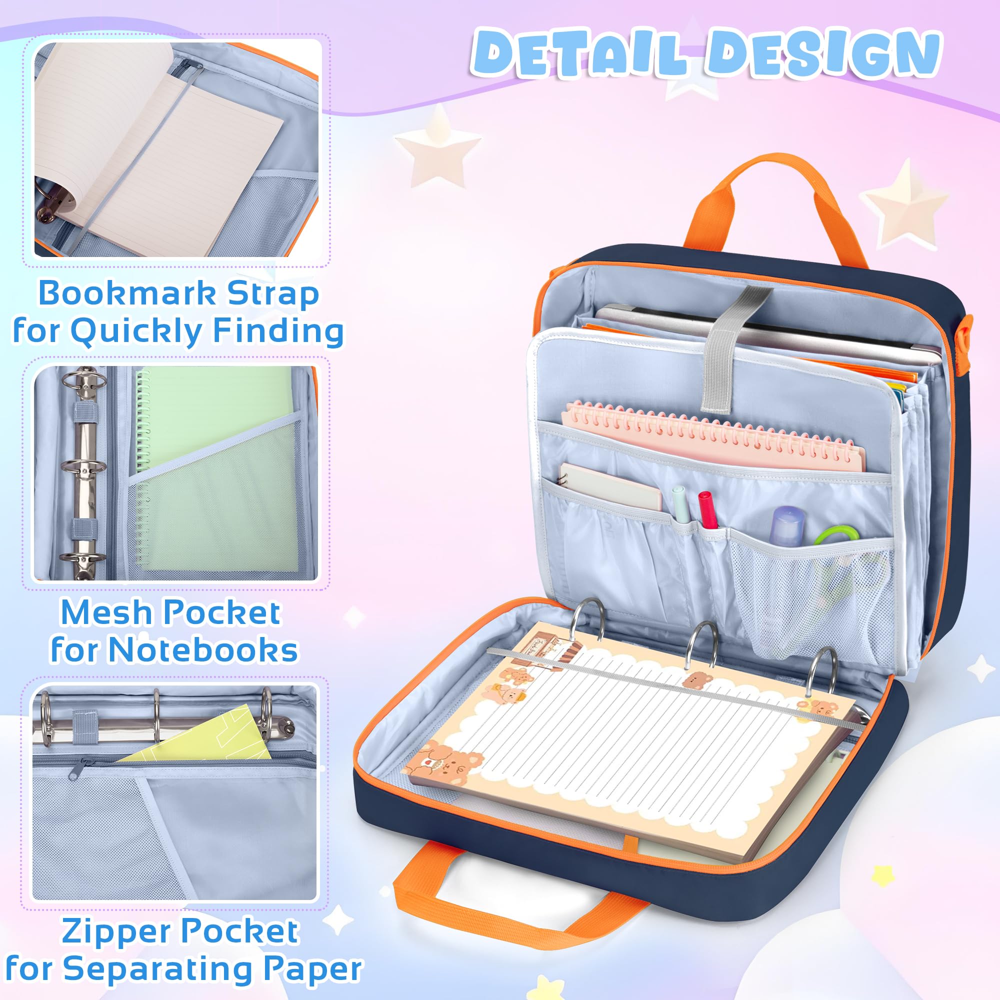 YARWO Ringordner Tasche für Jungen Mädchen 3 Ring Ordner für 500 Blätter mit ausziehbaren Fächern verstellbarer Trageriemen Akkordeon Organizer passend für 13" Laptop, Lern Tablet Schreibwaren, Marine
