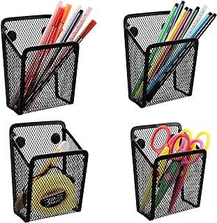 Jucoan 4 Pack Magnetic Pen Pencil Holder, Black Mesh Metal Organizer, Generous Compartment Storage Basket for Whiteboard, ...