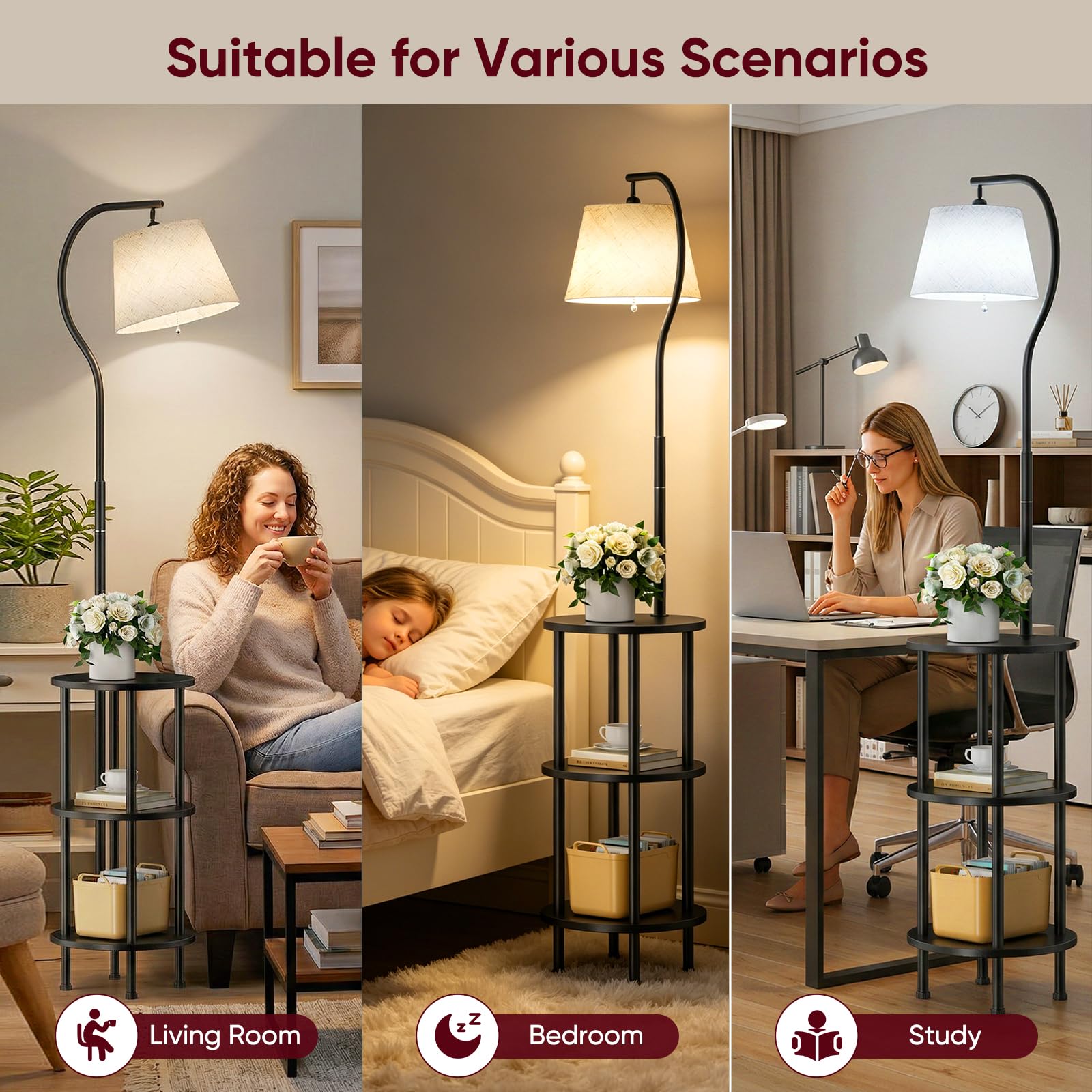 Lámpara de pie con 3 estantes, 9 W LED lámpara de pie con 3 temperaturas de color (3000 – 6000 K) y cabezal giratorio 350°, lámpara de pie con estantes de madera e interruptor de cadena para salón