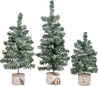 Winlyn Set of 3 Mini Snowy Artificial Canadian Pine Trees with Wood Bases Small Tabletop Christmas Trees for Rustic Farmhouse Christmas Winter Holiday Seasonal Table Centerpiece Desk Decoration
