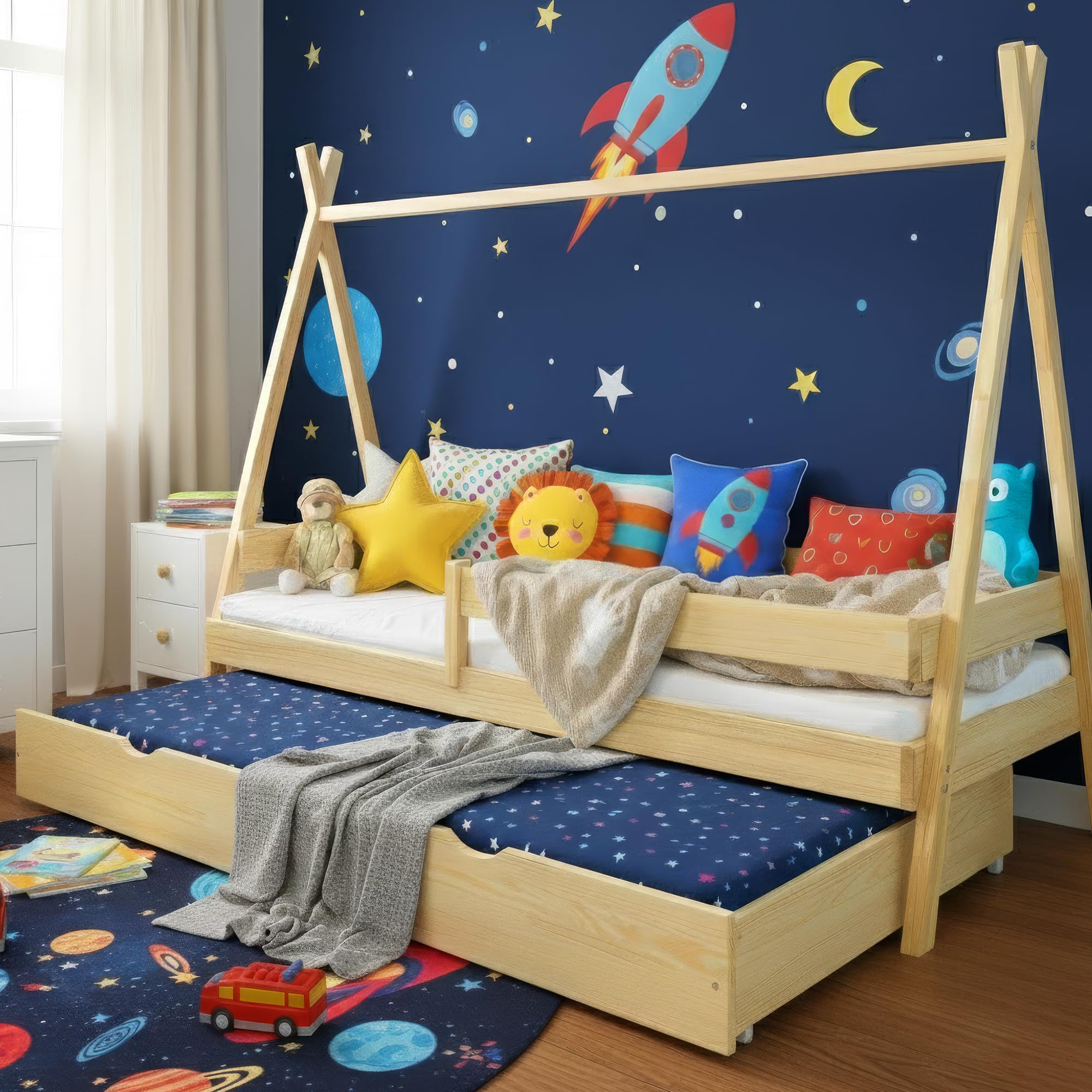 Łóżko dziecięce Tipi 80x160 cm - łóżko z drewna sosnowego z wysuwanym łóżkiem i barierką ochronną - łóżko domek dla dziewczynek i chłopców - zaokrąglone krawędzie