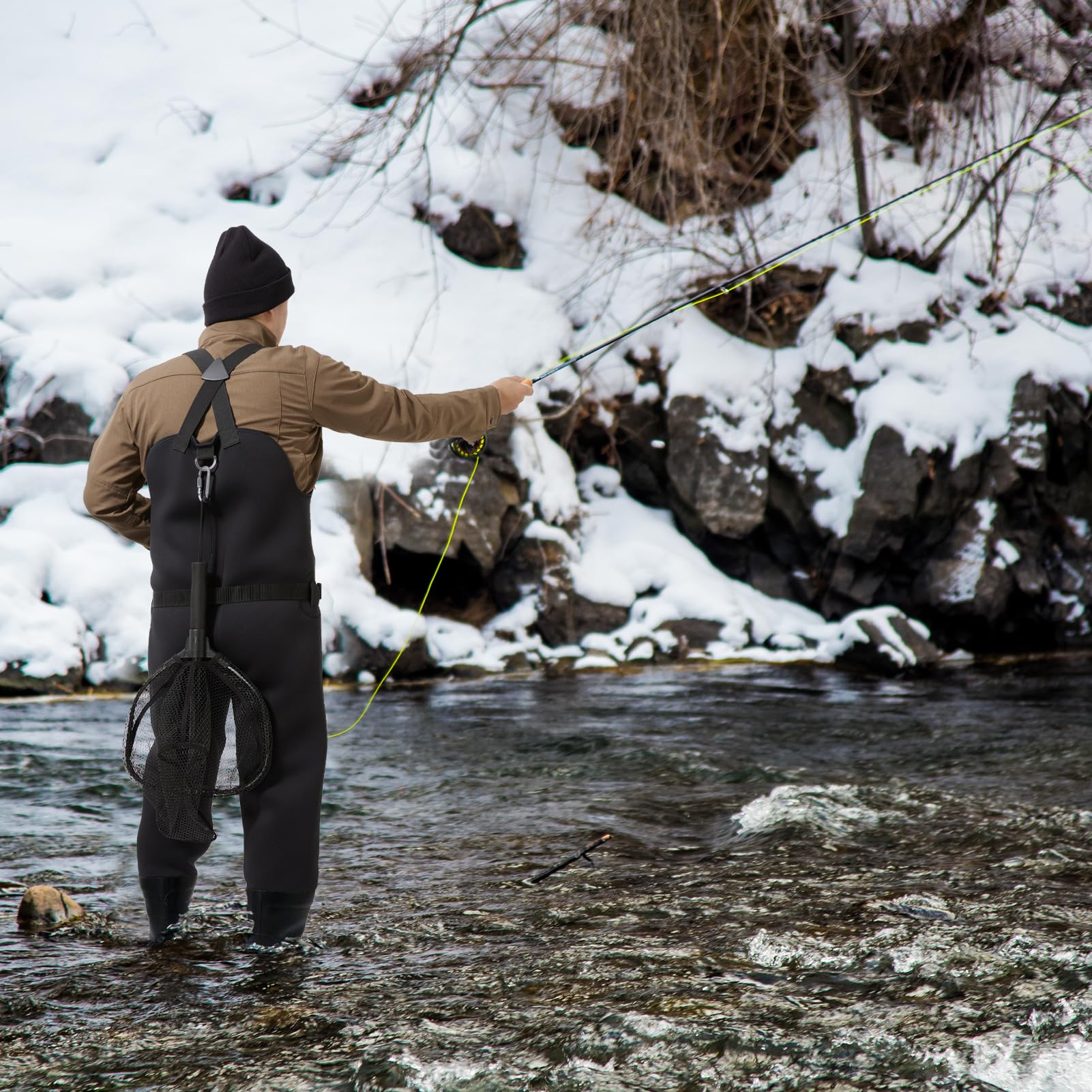 BASSDASH Herren Neopren Wathose Schwarz Schilf Camo für Angeln Jagd mit Gummistiefeln Fuß Wasserdicht Brust Wathose