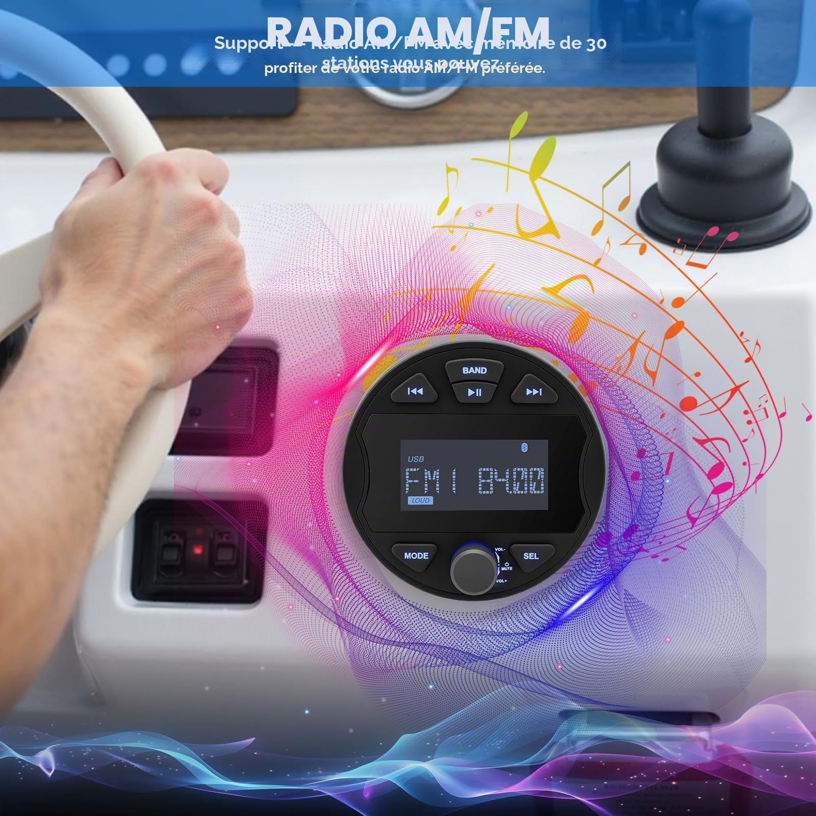 Récepteur stéréo Marin MP3 avec Fonction Radio numérique AM/FM, USB, BT et étanchéité IPX6, adapté pour Bateaux, péniches et Utilisation Professionnelle