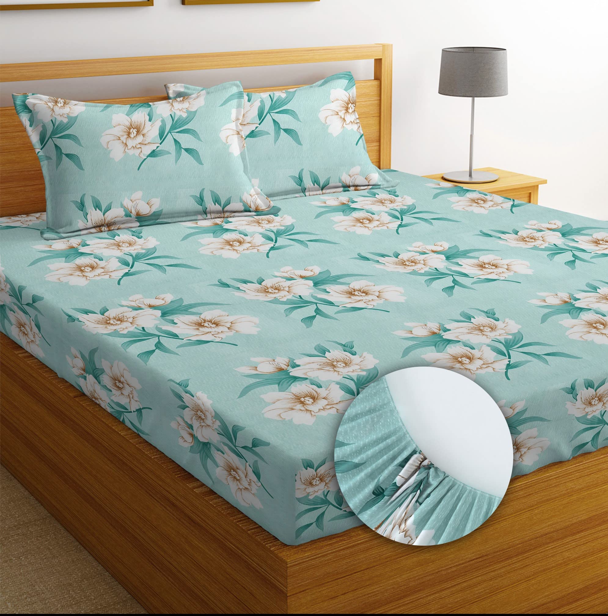 BSB HOME Premium Cotton Elastic Fitted Bedsheets with 2 King Size Pillow Covers | Double Bed with All Around Elastic 180 TC Supersoft | (72"x78",Light Blue & White)
