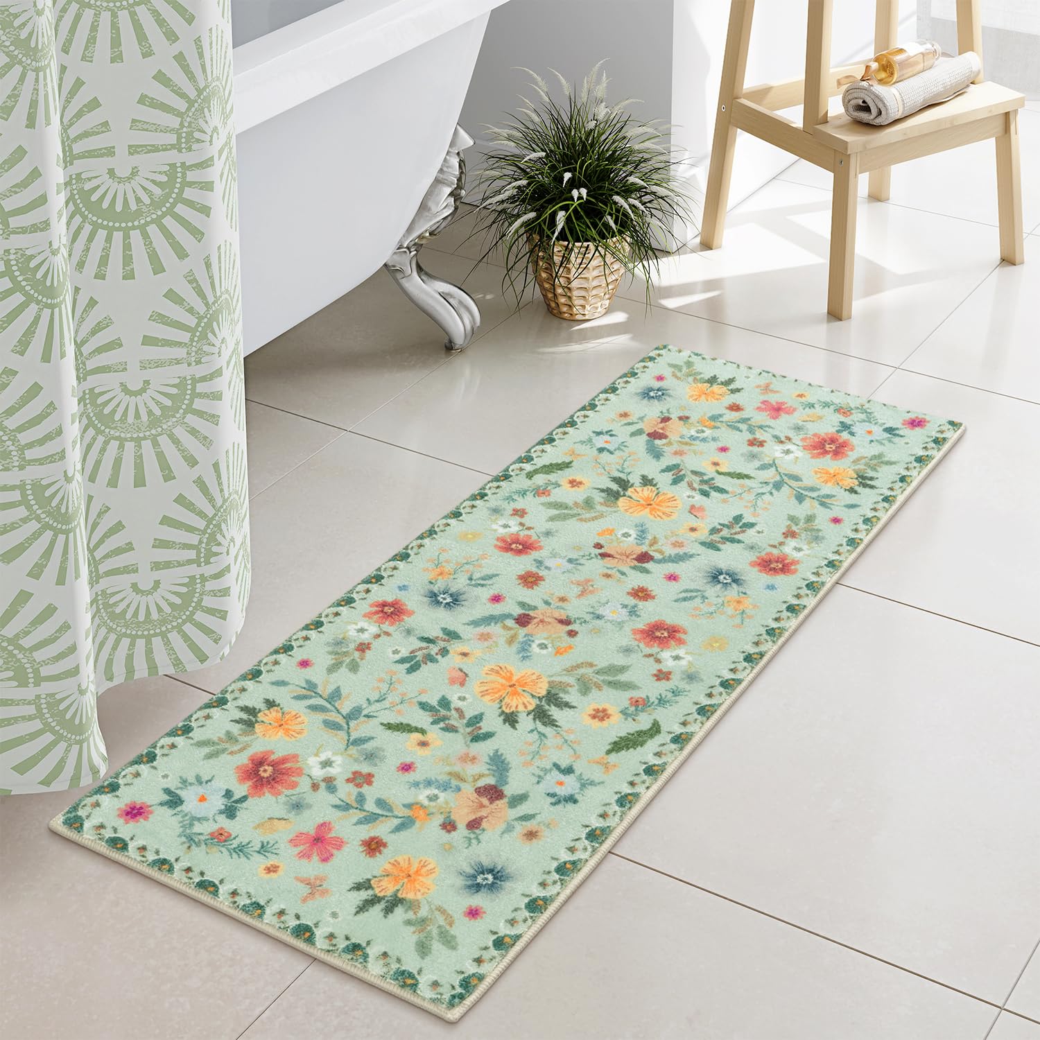 Uphome Green Long Bathroom Rug, Boho Non Slip Bathroom Runner, Modern Floral Soft Bath Mat, Machine Washable Farmhouse Colorful Shower Rug for