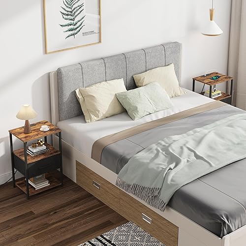 Miniatura 5 de TUTOTAK Juego de 2 mesitas de noche, mesita de noche con estación de carga, mesa auxiliar, mesita de noche con cajón de tela, mesa auxiliar para