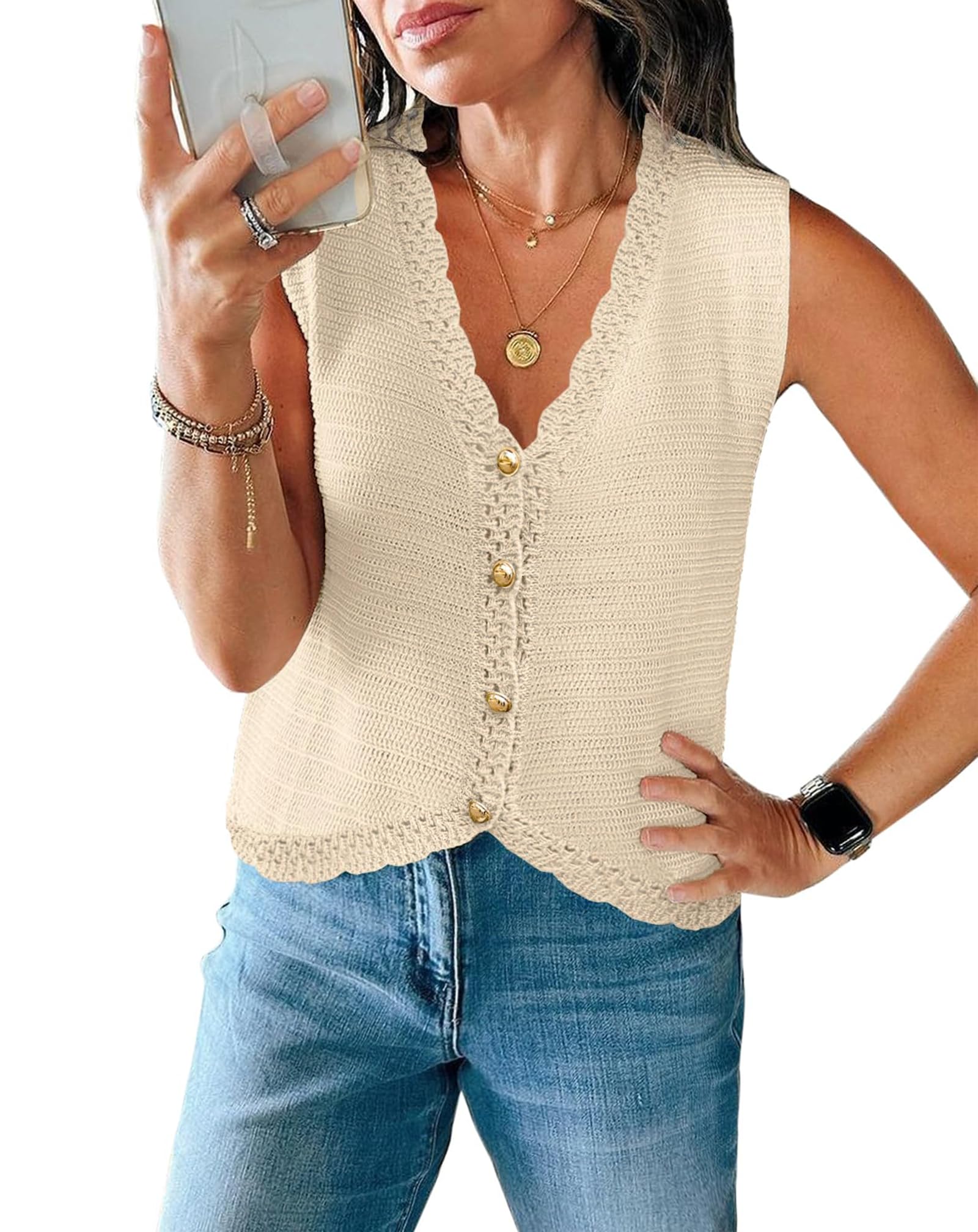 Womens Sleeveless Sweater Vest V Neck Button Up Cardigan Loose Knit Tank Tops Summer Spring Clothes