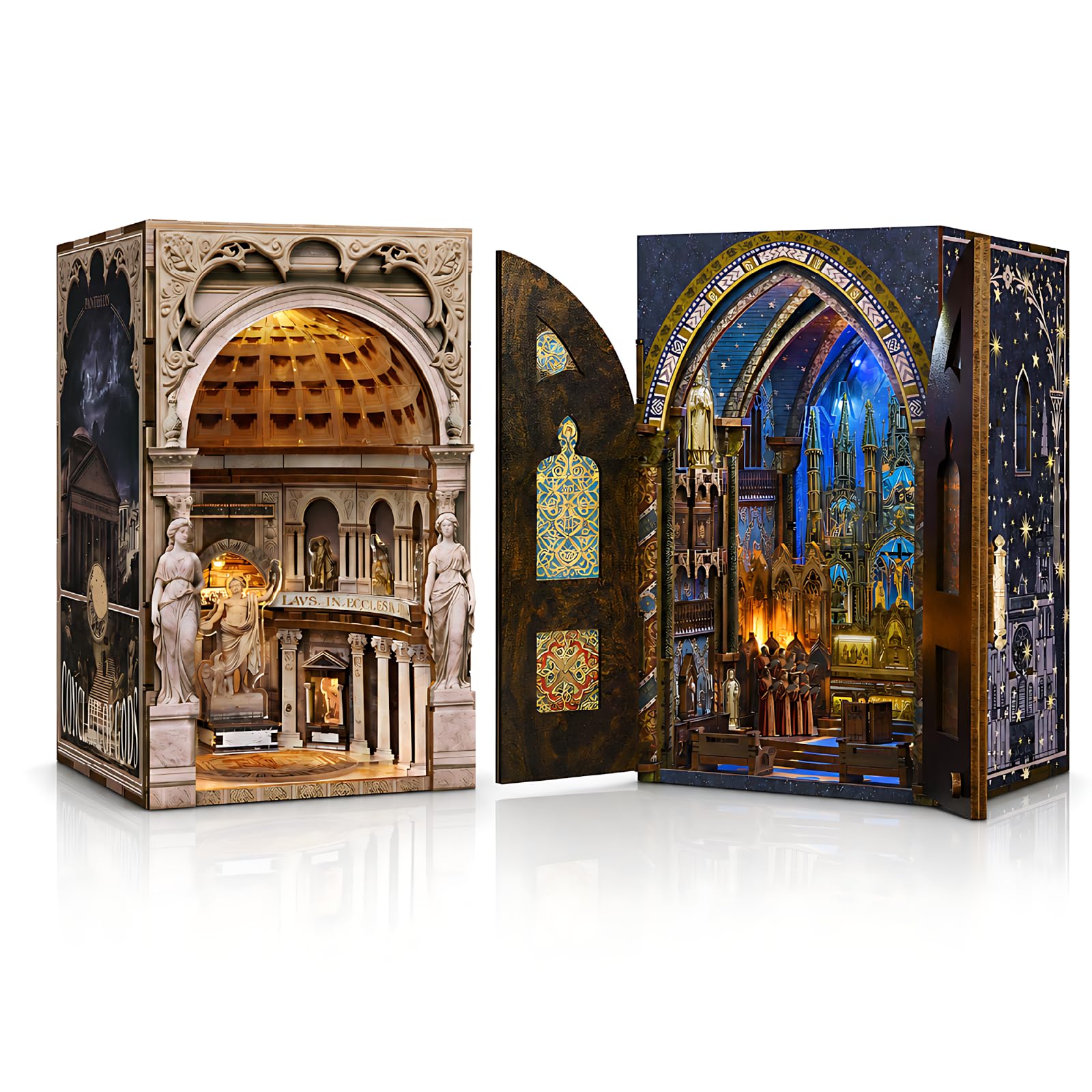 MiniCity 2-in-1 DIY Book Nook Kit Bundle - 3D Wooden Puzzle Set - Miniature Dollhouse Kits with LED Light & Dust Cover - Great Value Craft Gift Set for Adults & Teens (Pantheon & Notre-Dame Bacilica)