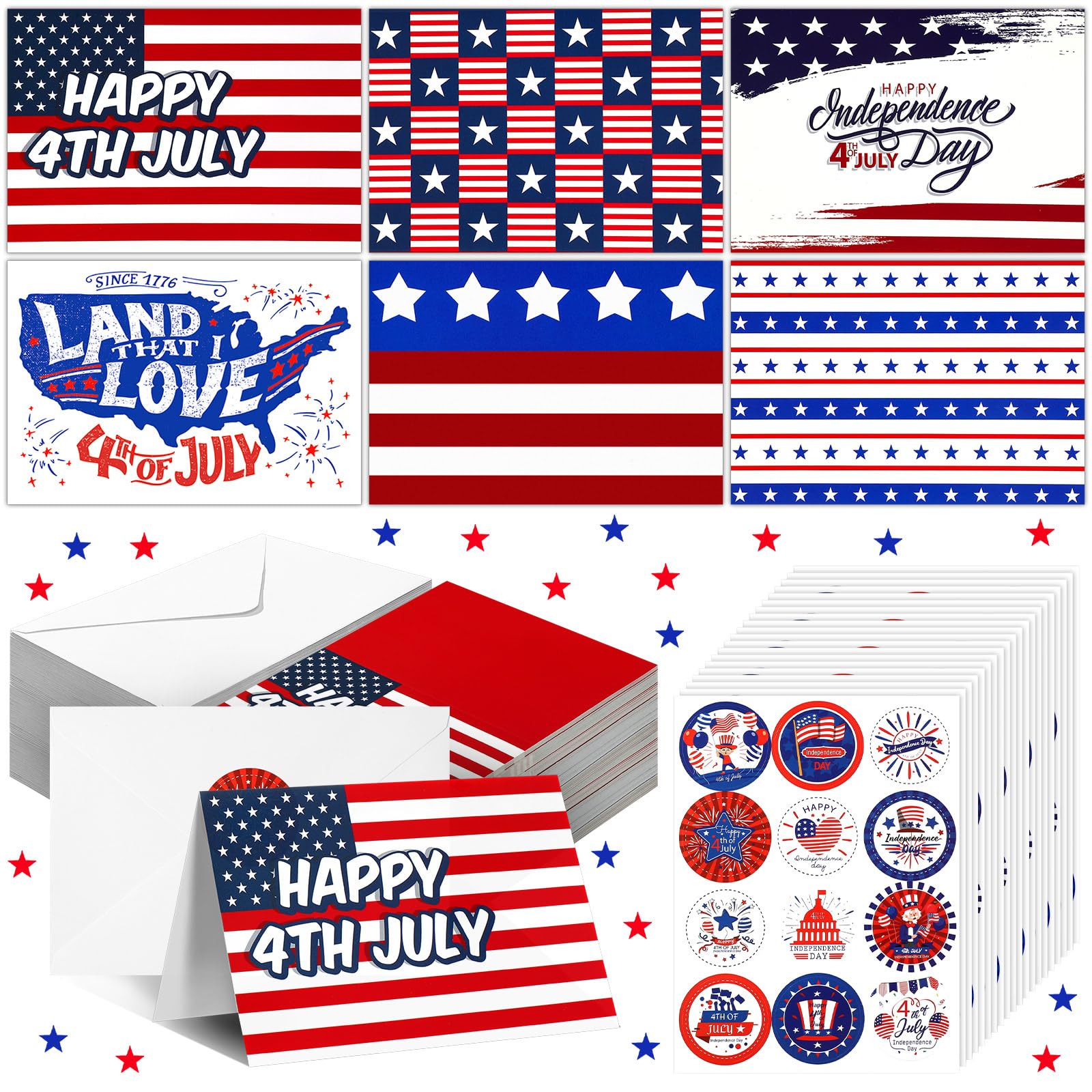 Sherr 120 Pcs 4th of July Greeting Cards Bulk with 120 White Envelopes and 24 Stickers Patriotic Veterans Memorial Independence Day 4 x 6 Inch