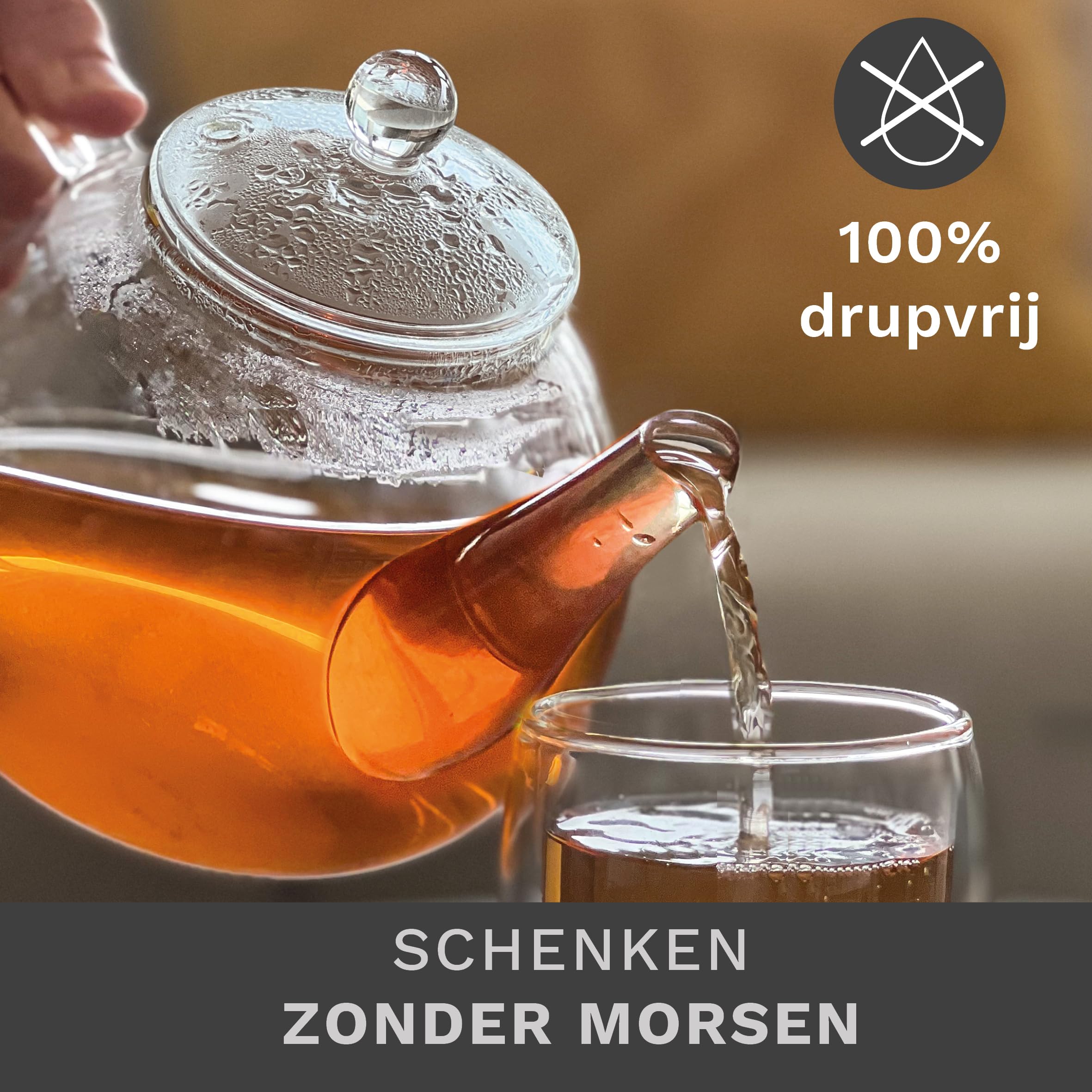 Creano Theepot van glas 1,2l zwart stoofje van roestvrij staal - glazen theepot met glazen zeef en deksel - ideaal voor het zetten van losse thee - 100% druppelvrij