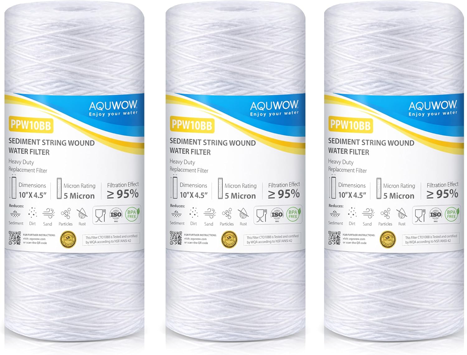 PPW10BB 5 Micron 4.5" x 10" String Wound Sediment Filter Set – Replacement Cartridges for Whole House & Under Sink Systems, Durable Depth Filtration (2, 10 x 4.5)