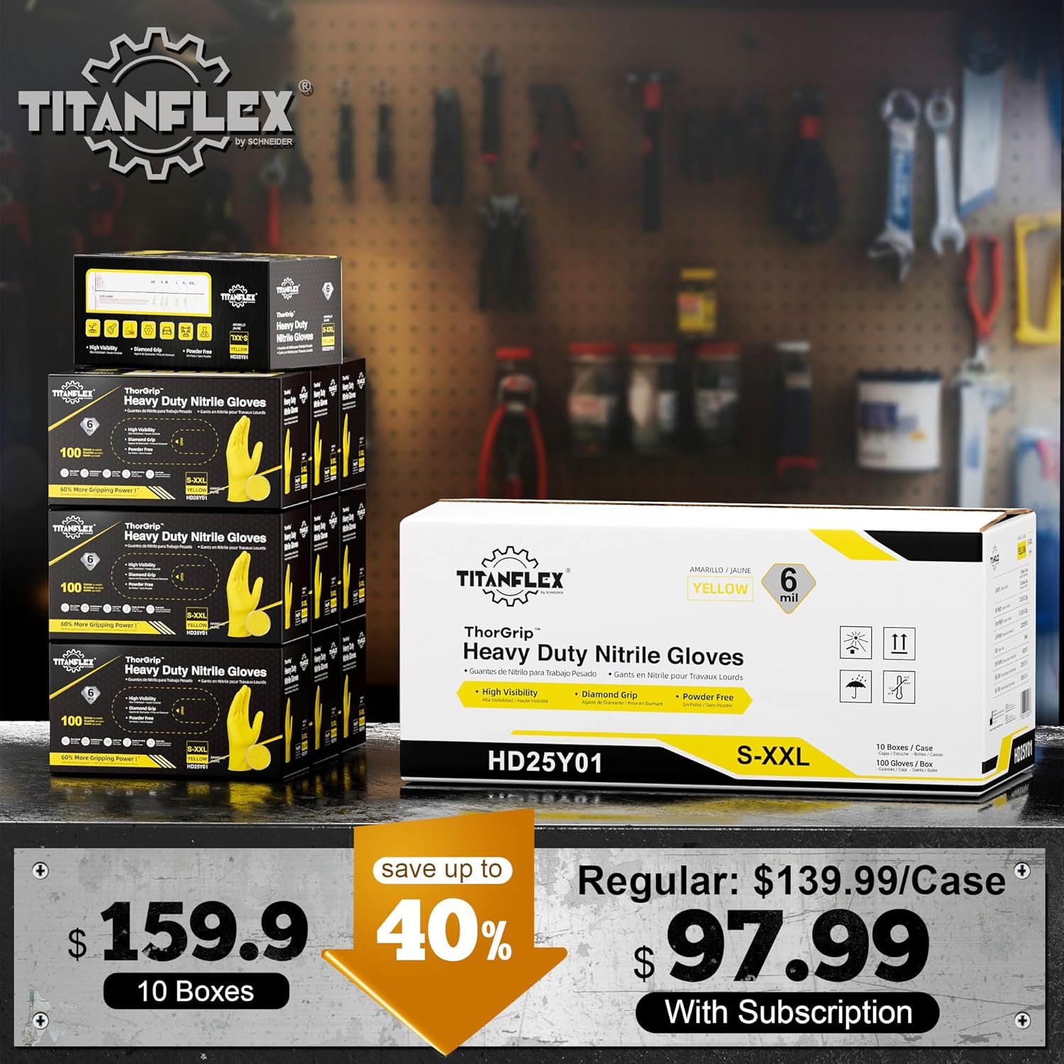 TitanFlex Heavy Duty Industrial Nitrile Gloves with Raised Diamond Texture, 6-mil, Latex Free (Dark Green/Yellow) - Image 2