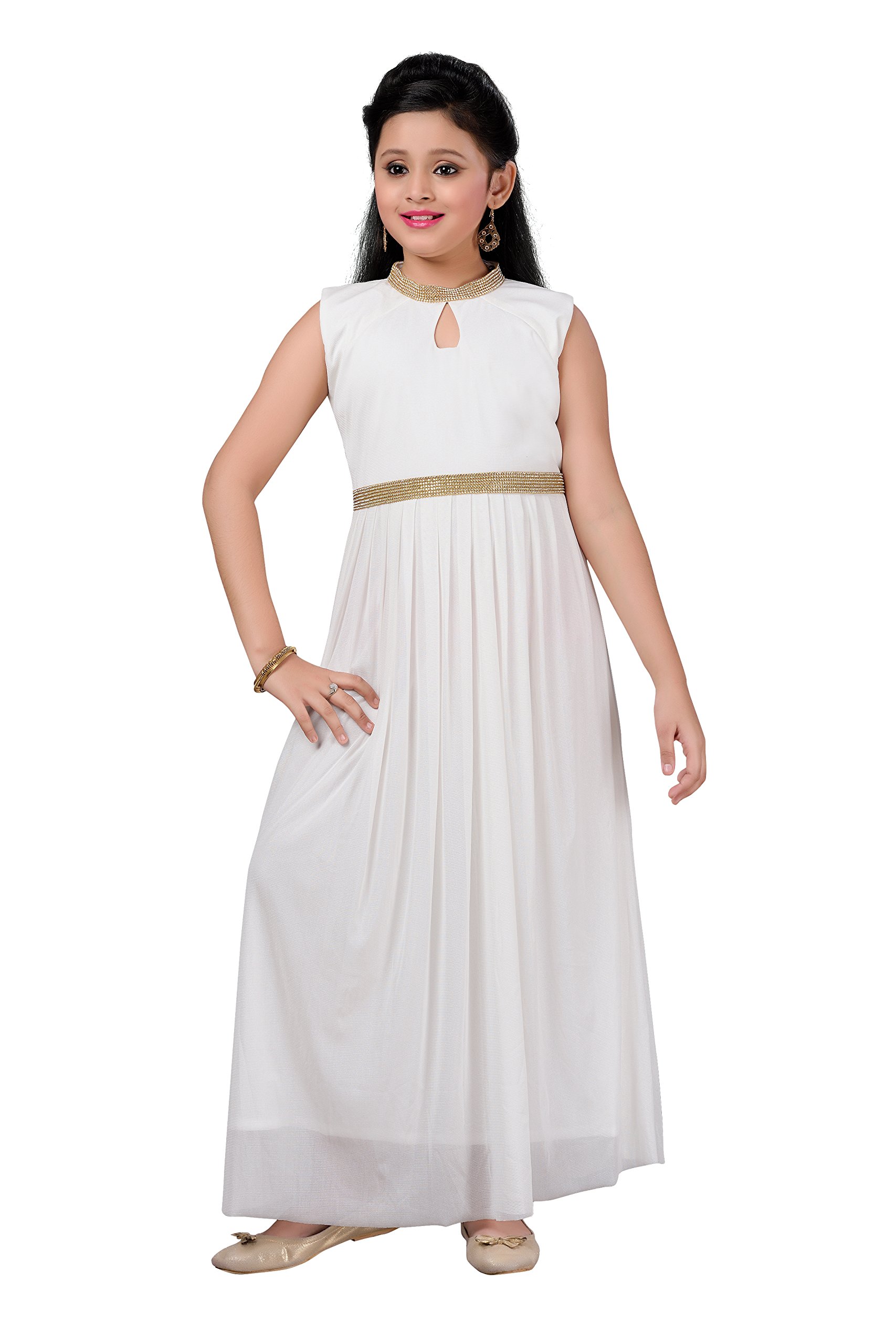 aarikkaAarika Girl's Self Design Net Fabric Party Wear Ball Gown - White - 14-15 Years