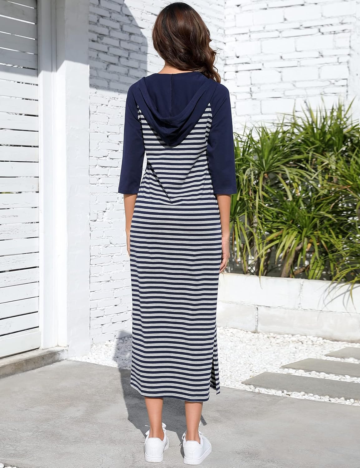 MISSKY Women 3/4 Sleeve Quarter-Zip Neck Casual Pocket Slim Maxi Pullover Hoodie Dress,Black and White Stripe-S-Front Pocket - Image 5