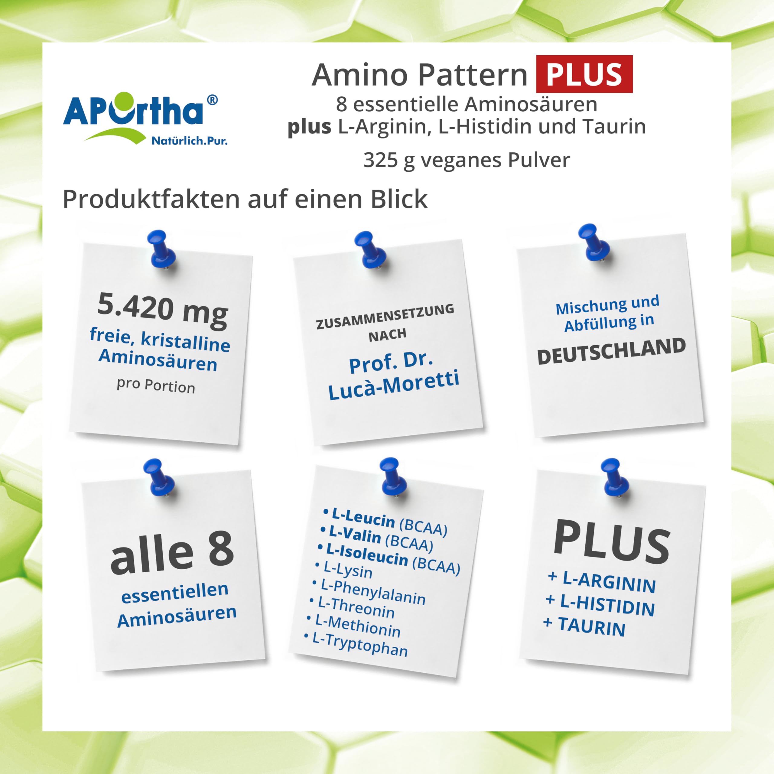 APOrtha® Amino Pattern PLUS - 325 g veganes Pulver mit 8 essentiellen Aminosäuren nach Prof. Dr. Lucà-Moretti plus L-Arginin, L-Histidin und Taurin für optimierte Eiweißversorgung, komplex hochdosiert