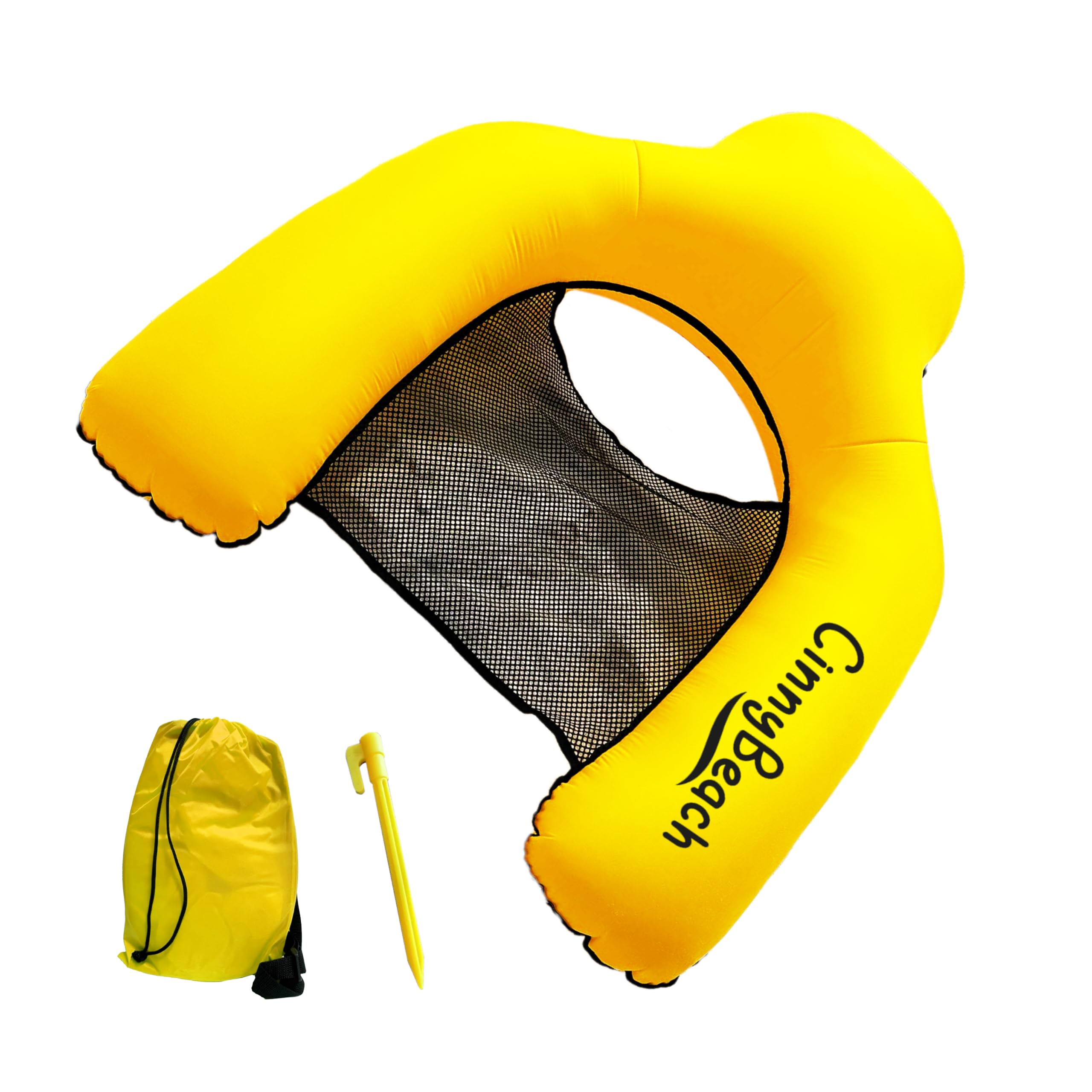 Cinnybeach, Materassino mare, Autogonfiabile, Poltrona piscina con Rete, amaca mare, Materassino Senza Pompa per Spiaggia e Piscina, con Borsa e Picchetto - Innovativo si Gonfia con il Vento (Giallo)