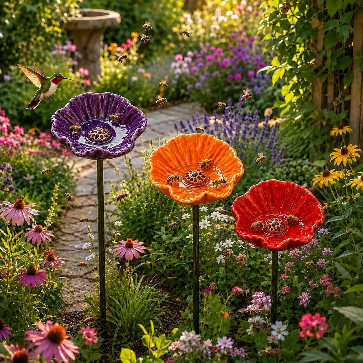 3PCS Ceramic Bee Watering Station,Flower Bee Drinking Cups with Stakes Decorative,Handmade Bees Blossoms Garden Stake,Butterflies Bees Drinking Station for Yard Patio Lawn Outdoor Decor