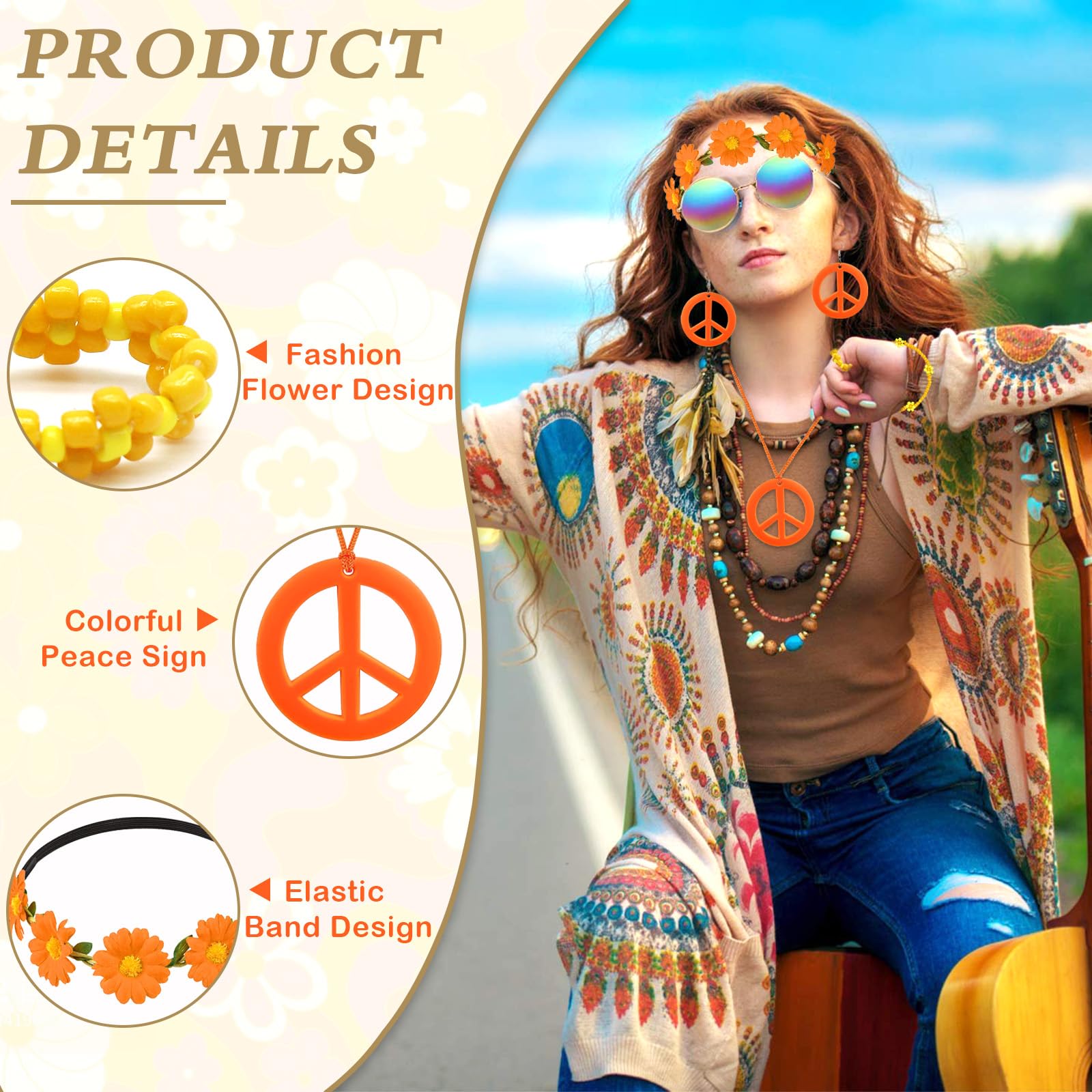 Dazzroi 7Pcs Hippie Costume Accessories for Women 60s 70s Dressing Accessories Set including Plastic Necklace Earring Flower Headband Bracelet Ring Sunglasses Retro Deco for Dress Up (orange) - Image 3