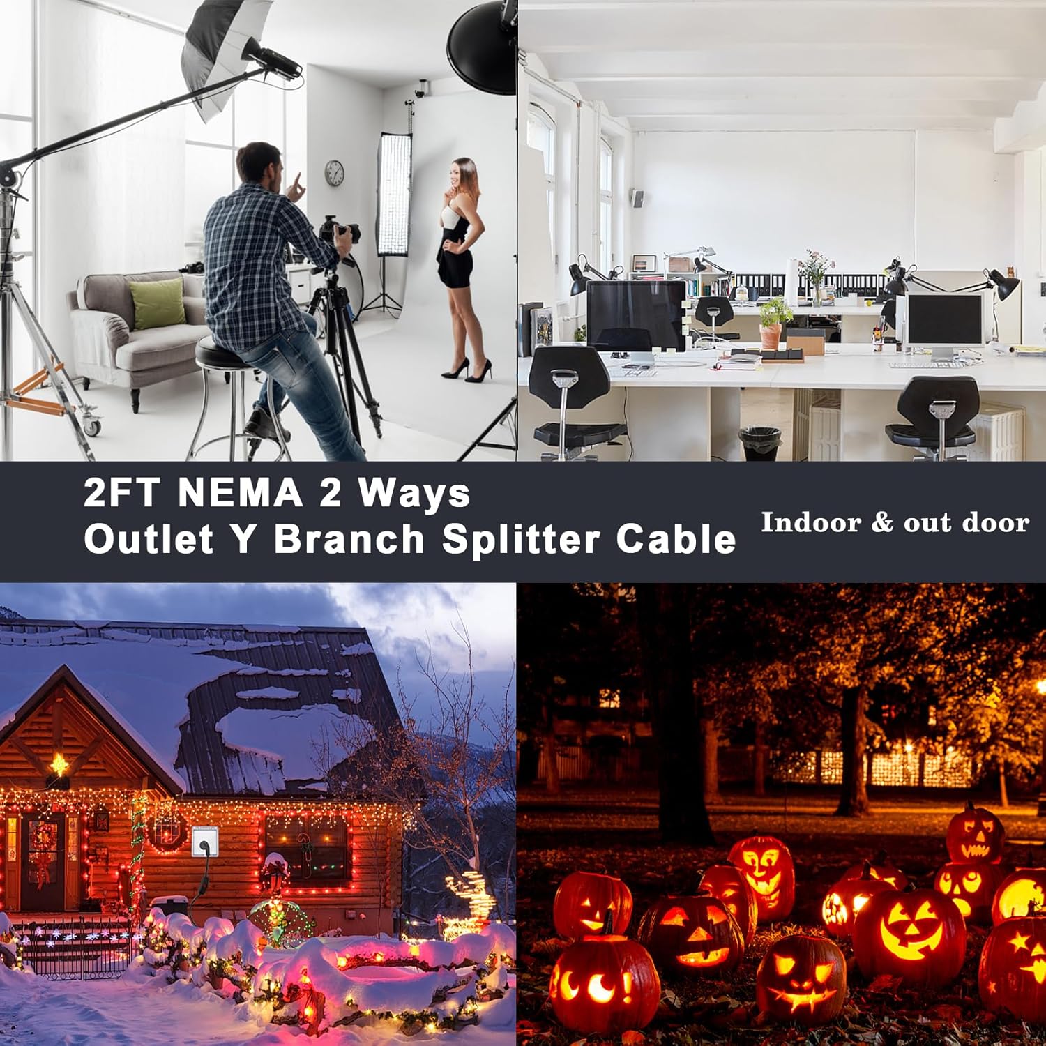 Power Cord Extension Splitter, 1 to 2 Outlet Y Splitter Cable, 2.5FT 2 Ways NEMA 5-15P to 2 X NEMA 5-15R AC Power Cord, Heavy Duty Male to Dual Female 3 Prong Supply Cable, 13A 125V