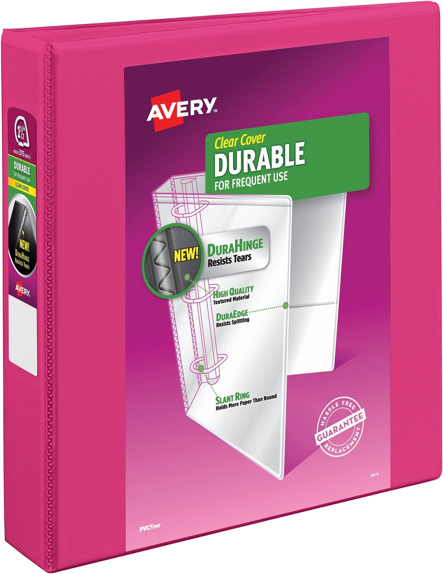 Avery Durable View 3 Ring Binder, 1-1/2 Inch Slant Rings, 1 Pink Binder (17833) (Pack of 6)