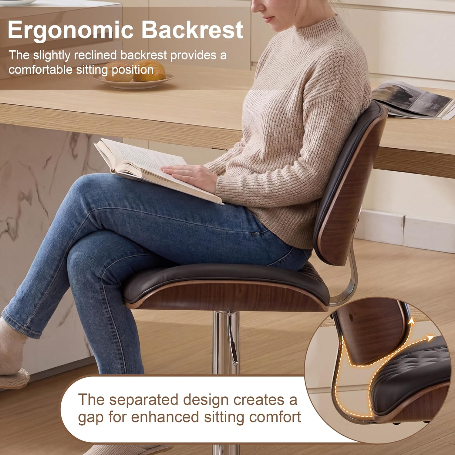 24" Bar Stools, Adjustable Swivel Counter Height Barstools with Bentwood Backs & Footrest, PU Leather Upholstered Bar Chairs for Kitchen Island, Dining Room, Cafe (PU Brown, Set of 3)