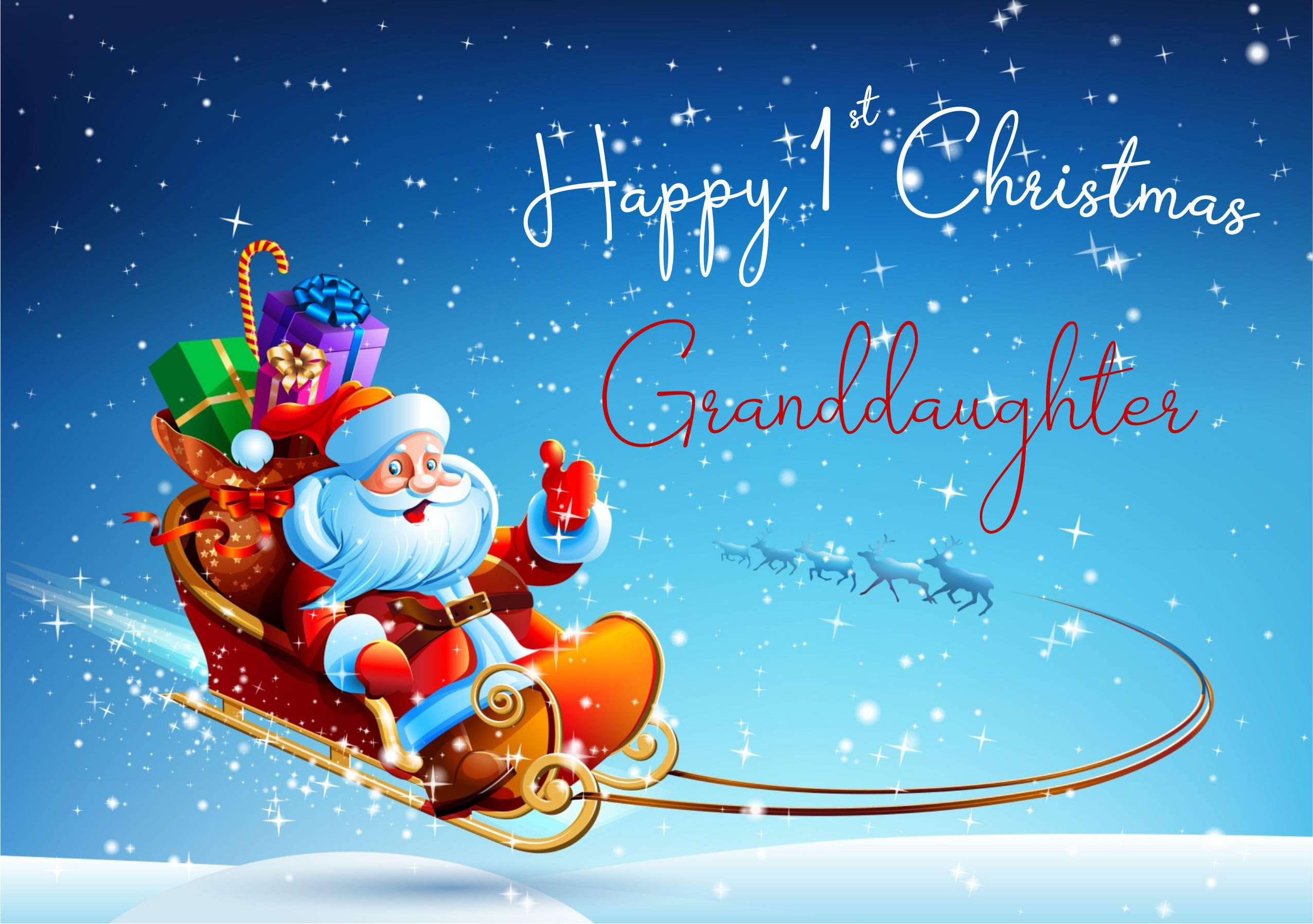 doodlecards Granddaughters 1st First Christmas Card Santas Sleigh Large A4 Size Christmas Card for Granddaughters 1st with Plain Envelope — image 1